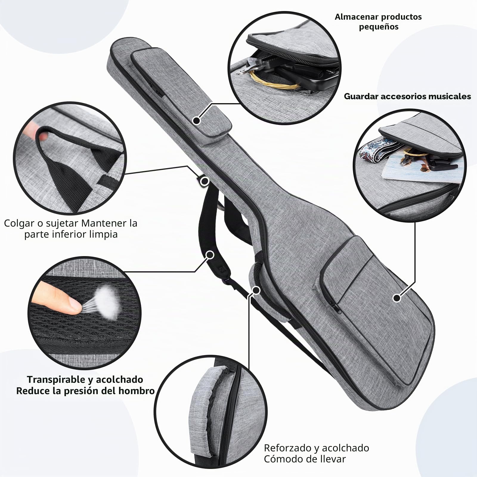 Funda para bajo eléctrico con bolsillos, color gris, 7 mm, acolchado, suave, para bajo, gris, 116.84 cm, Sencillez con estilo