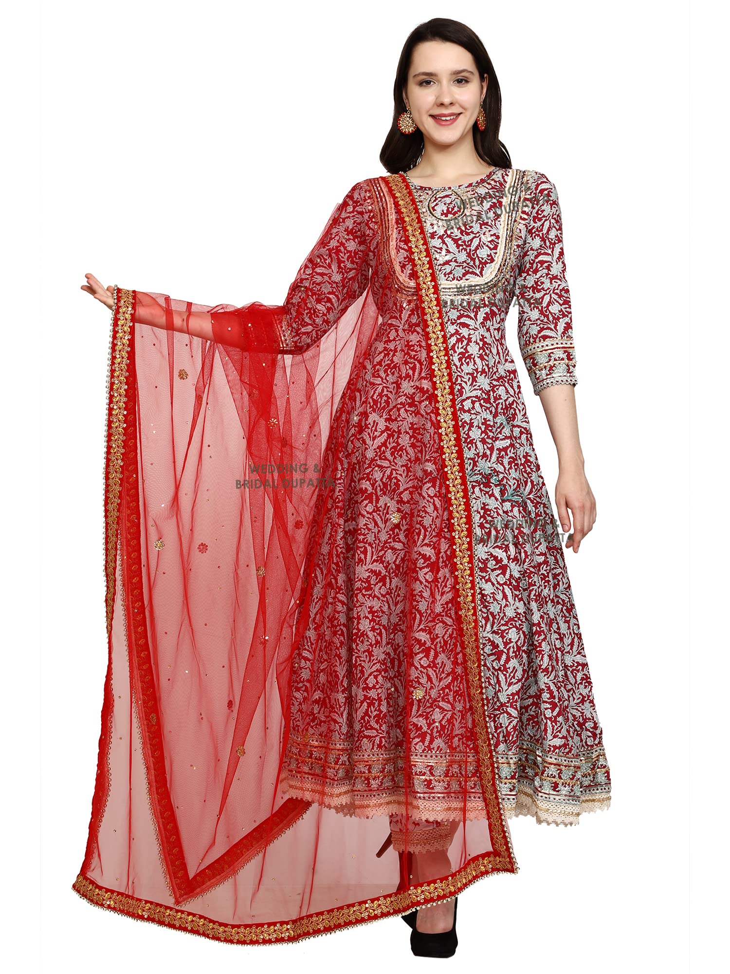 wedding & bridal dupatta Bridal Red Flower Net With Stone Work Women's Women's Dupatta (Pack of 1) (2.5 Meter) (BRD0059)(Red)-picture-19