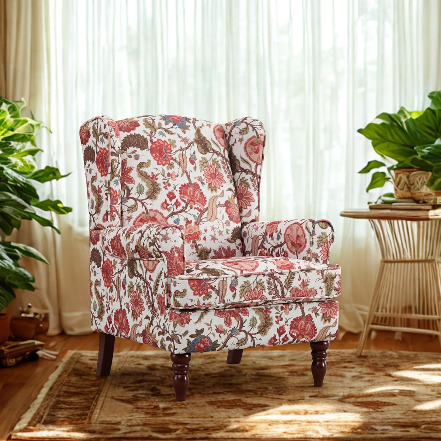 GDFStudio Modern Wingback Accent Chair with Solid Wood Legs and Cushion, Comfy Upholstered Floral Pattern Armchair, Retro Leisure Single Sofa Chair for Living Room Bedroom Home, Bean Paste Red