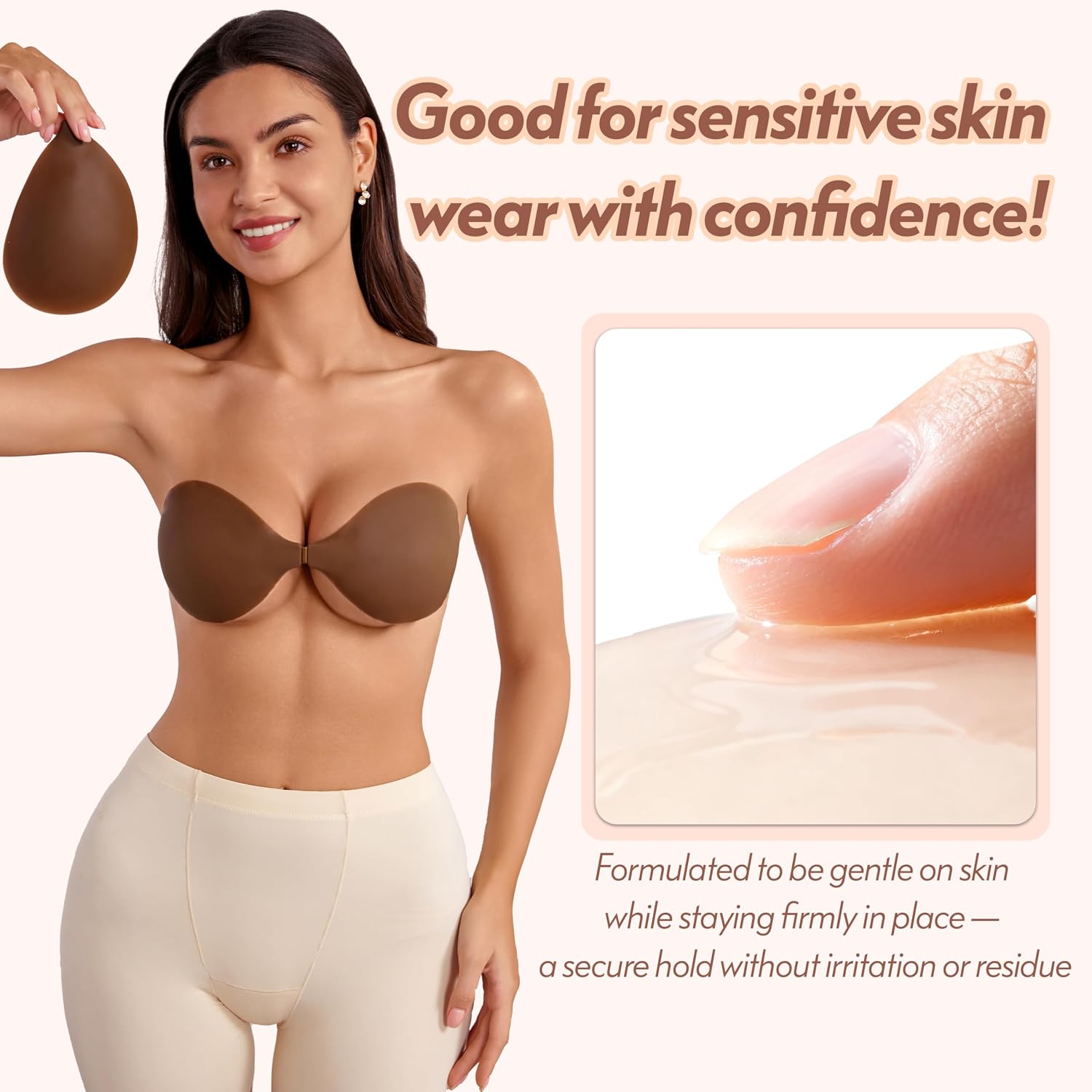 Rosefly Sticky Bra Push up for Women - Round Silicone, Ultra-Thin Lightweight Cup, AB Adhesive, Reusable, Invisible Seamless Backless Strapless Bra for Dress, Cup B, Espresso
