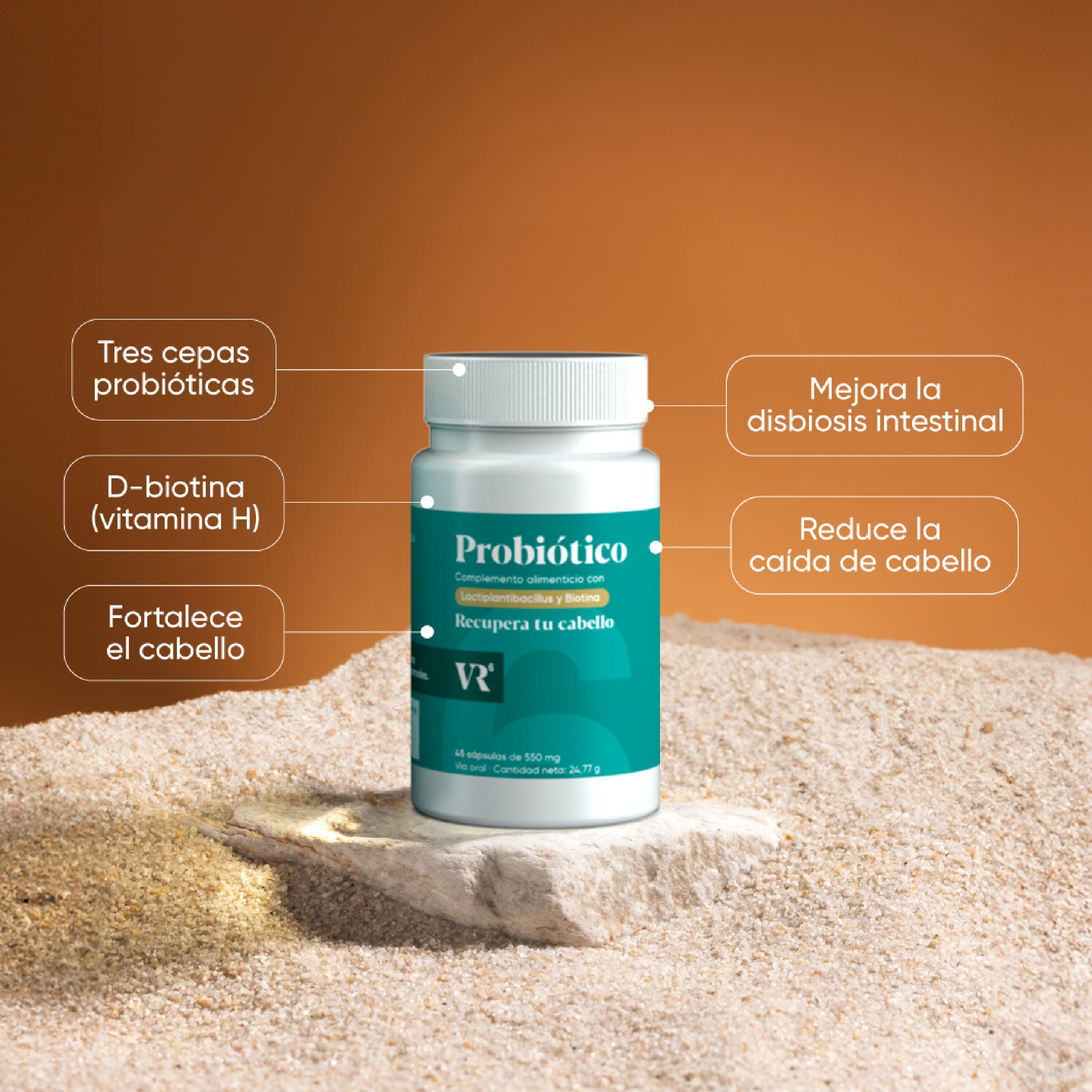 VR6 - Probiótico Anticaida Capilar con Biotina para el Cabello. Estimula el Crecimiento del Pelo y Mejorar la Disbiosis Intestinal. Vitaminas para el Cabello Piel y Uñas Mujeres y Hombres 45 und