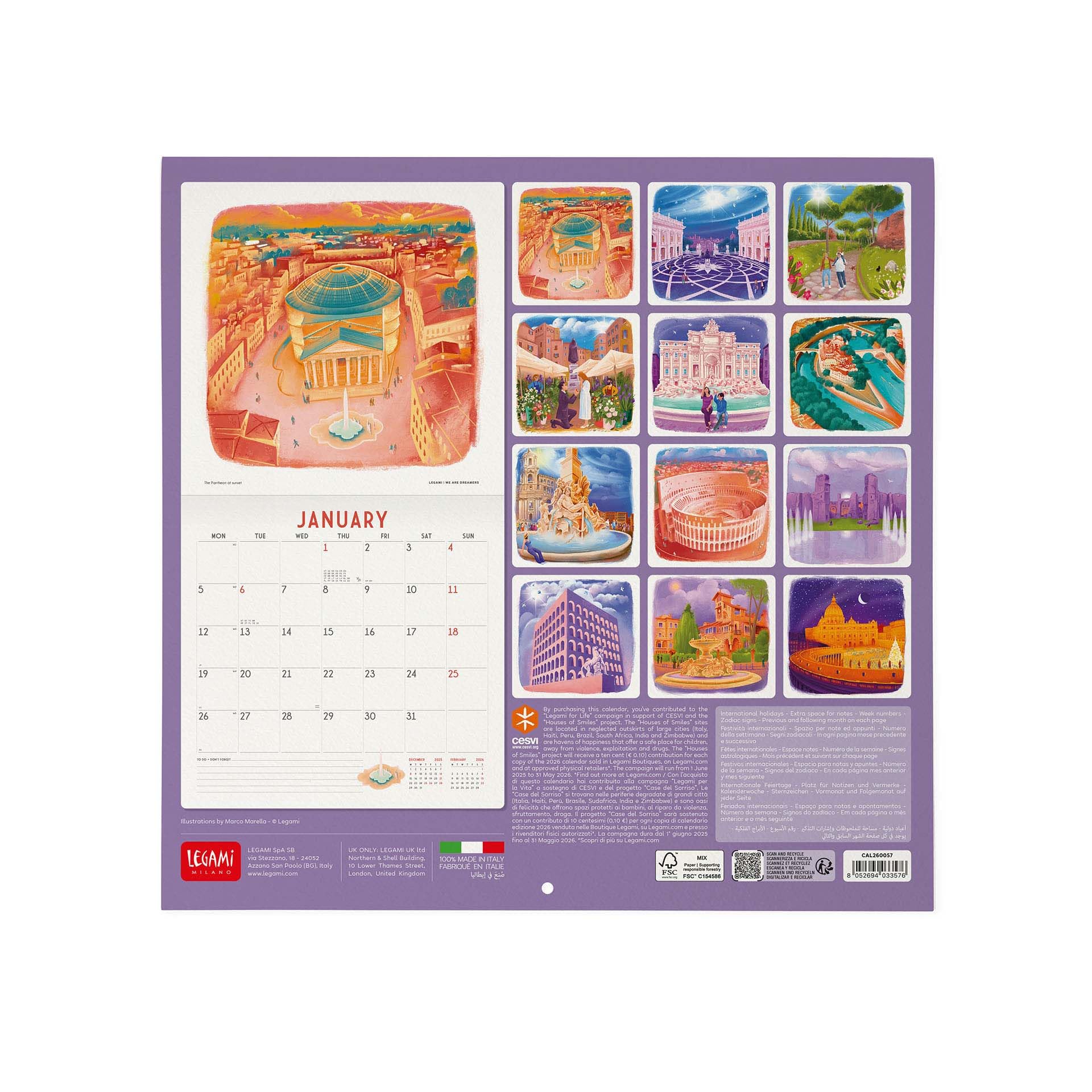Calendrier Mural 2026 Legami Paris – 18 X 18 Cm, 12 Mois + Planificateur, 6 Langues | Avec Photos, Signes Du Zodiaque, Jours Fériés