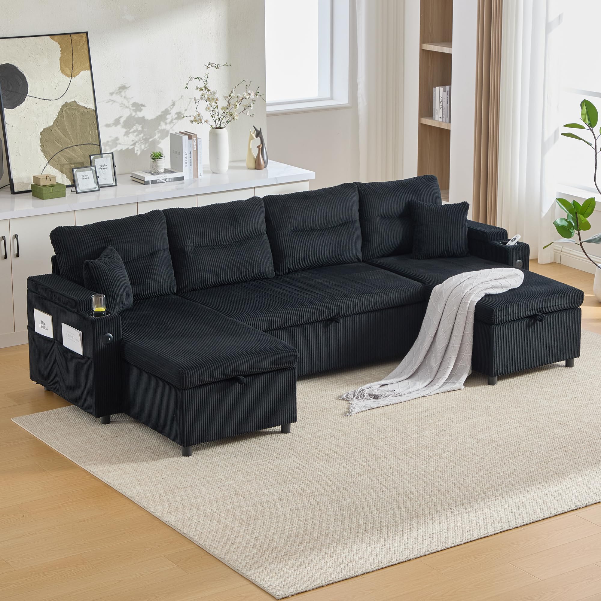 Canapé Convertible, Canapé lit modulable en U avec lit gigogne et méridienne de Rangement, canapé d'angle Convertible 2 à 4 Places avec 2 Porte-gobelets et Ports USB pour Salon