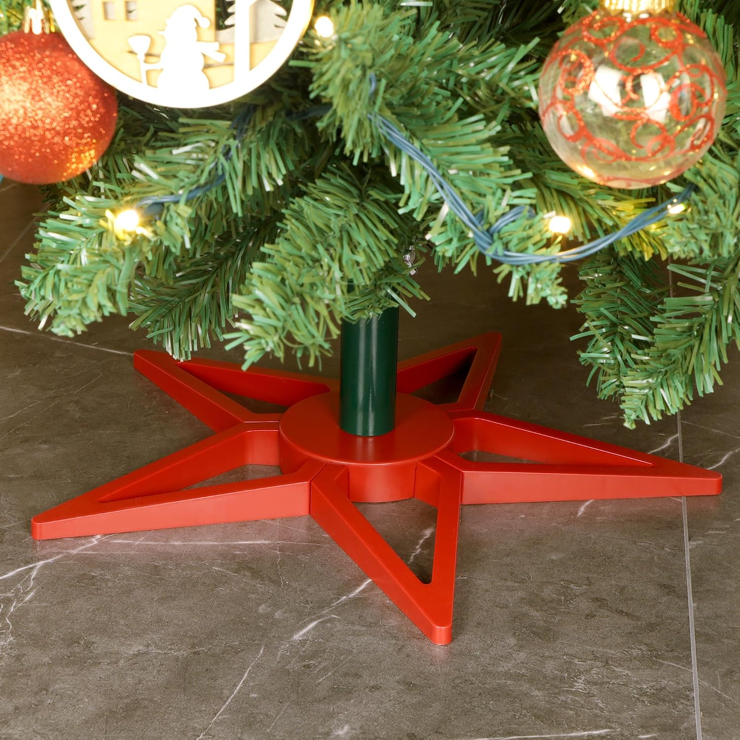 Blissun Christmas Tree Stand for Artificial Tree - Star Shaped Heavy Duty Base with 1.5 Inch Center Hole, Fits Up to 7FT Fake Tree, Stable Tree Holder for Home Indoor Decoration, Red