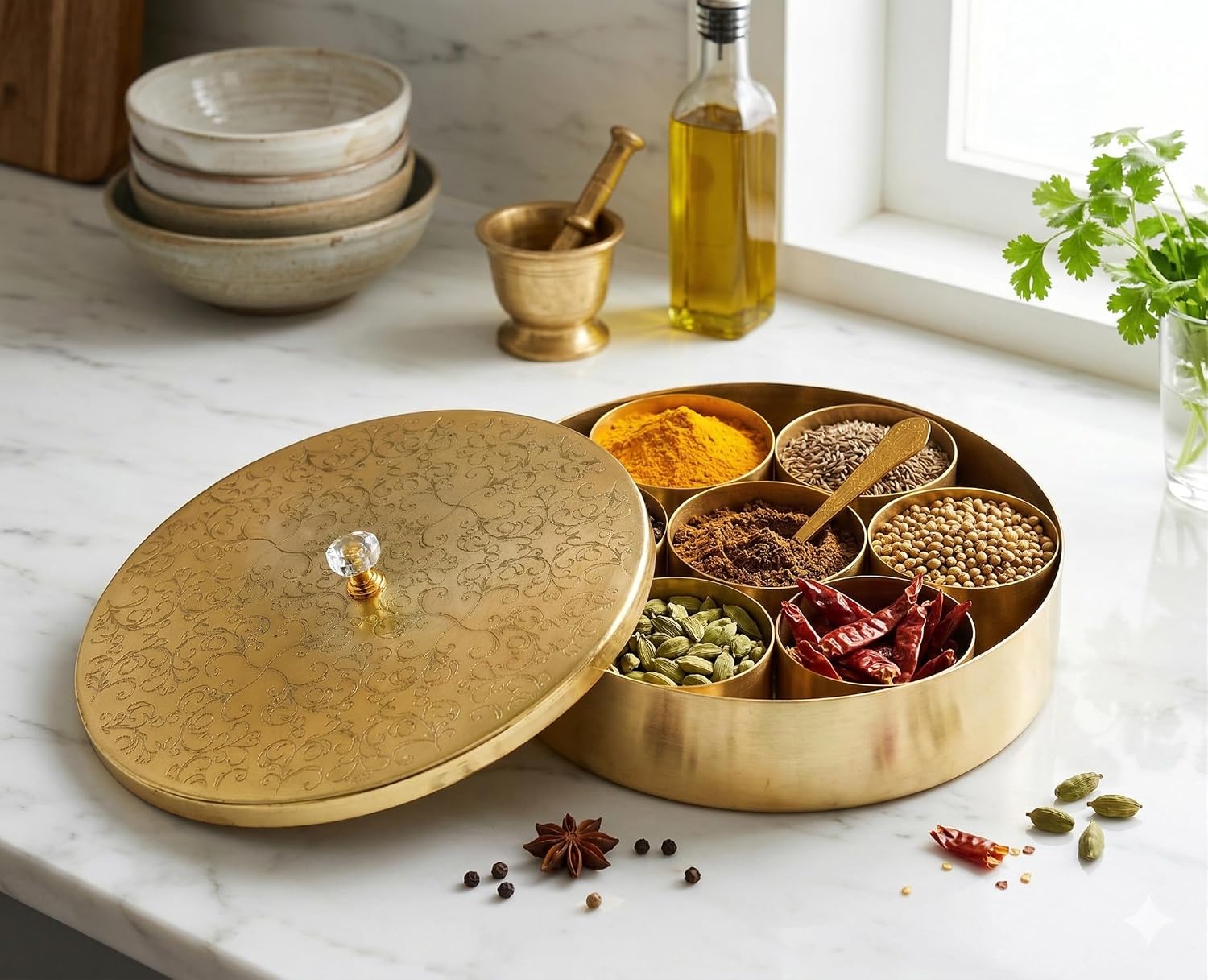 KLEO Masala Box with 7 Bowls & 1 Spoon | Round Spice Storage Container with Designer Lid | Kitchen Masala Dani for Indian Spices | 20 cm Diameter | Golden Finish