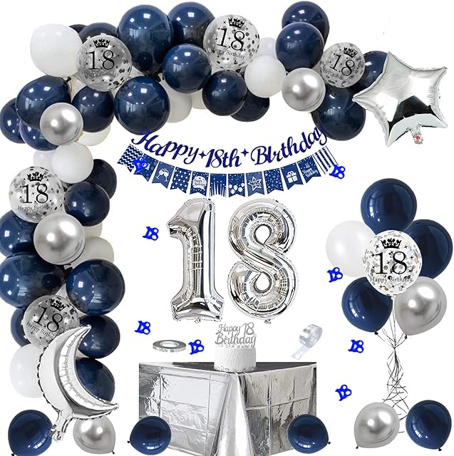 18th Birthday Decorations Men, Navy Blue Silver Birthday Party Decorations with Happy 18th Birthday Banner Triangle Flag Banner Tablecloth, 18 Confetti and Number 18 Balloons for Boys Women