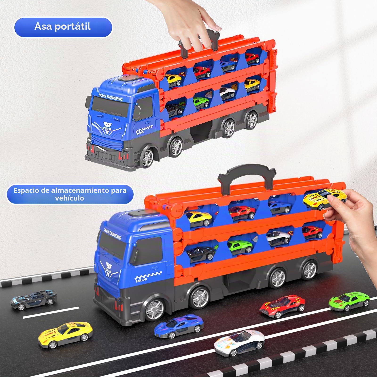 Doloowee vagón catapulta para Juguetes a Partir de 3 años, camión de Transporte portátil Coches de Juguete con 12 Mini Coches de Carreras, Coche transportador de Juguete para niños de 3 4 5 6 7 años