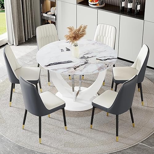 Miniatura 19 de JUFU Juego de mesa redonda de comedor para 6 con sillas, juego de mesa y sillas de 48" compuesto por 6 piezas con superficie de mármol y asiento