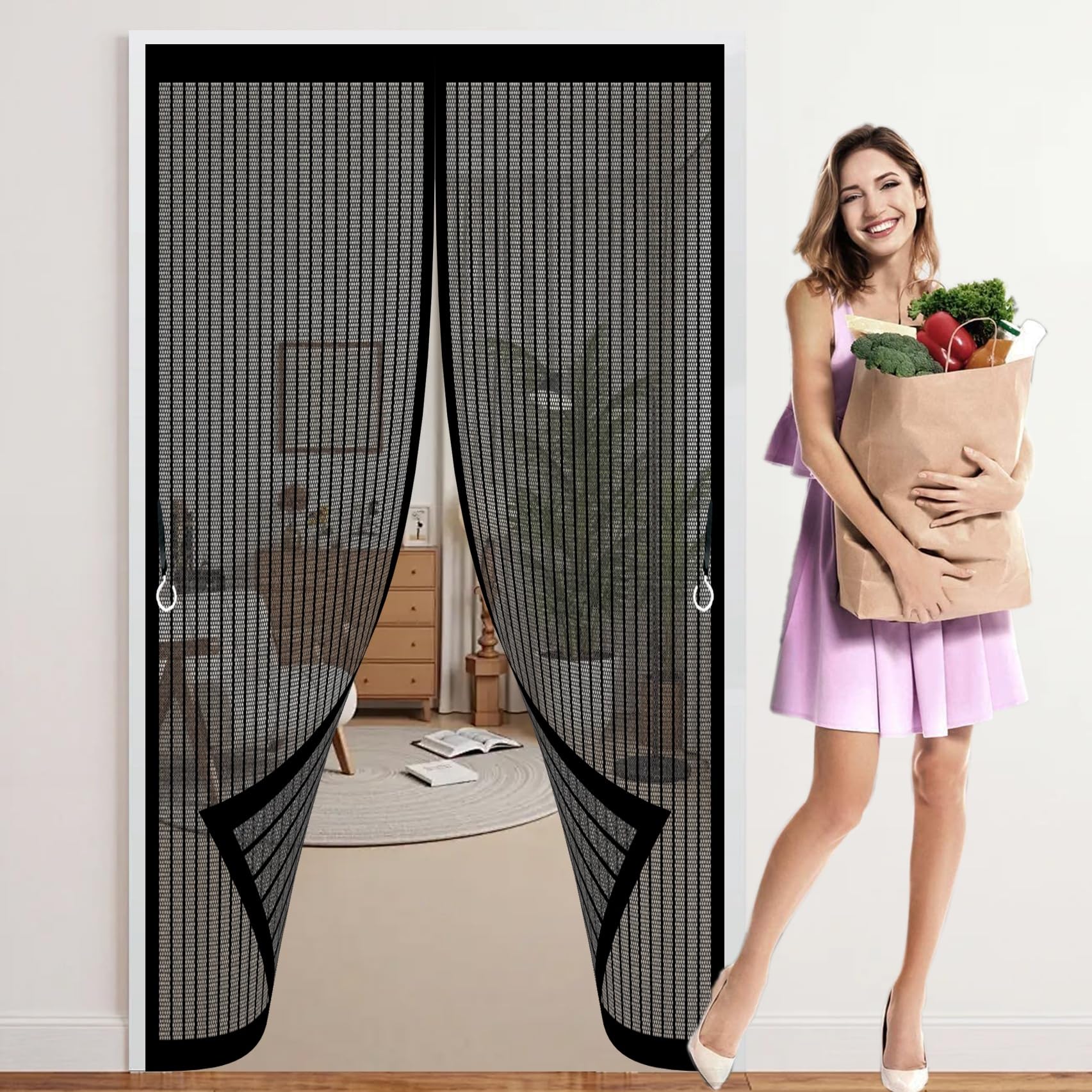 Door Fly Screen Curtain 240 x 270 cm with Powerful Magnets & Full Frame Magic Tape, Keep Bugs Out & Lets Fresh Air in Heavy Duty Fly Curtains for Patio Doors Balcony, Black