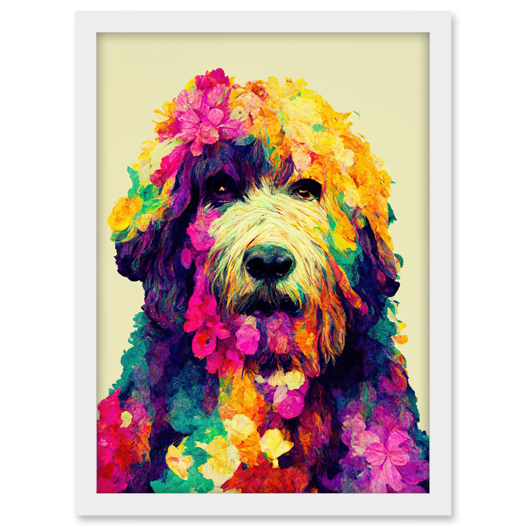 Wee Blue Coo Colourful Vibrant Floral Labradoodle Dog Abstract Portrait Artwork Framed A3 Wall Art Print