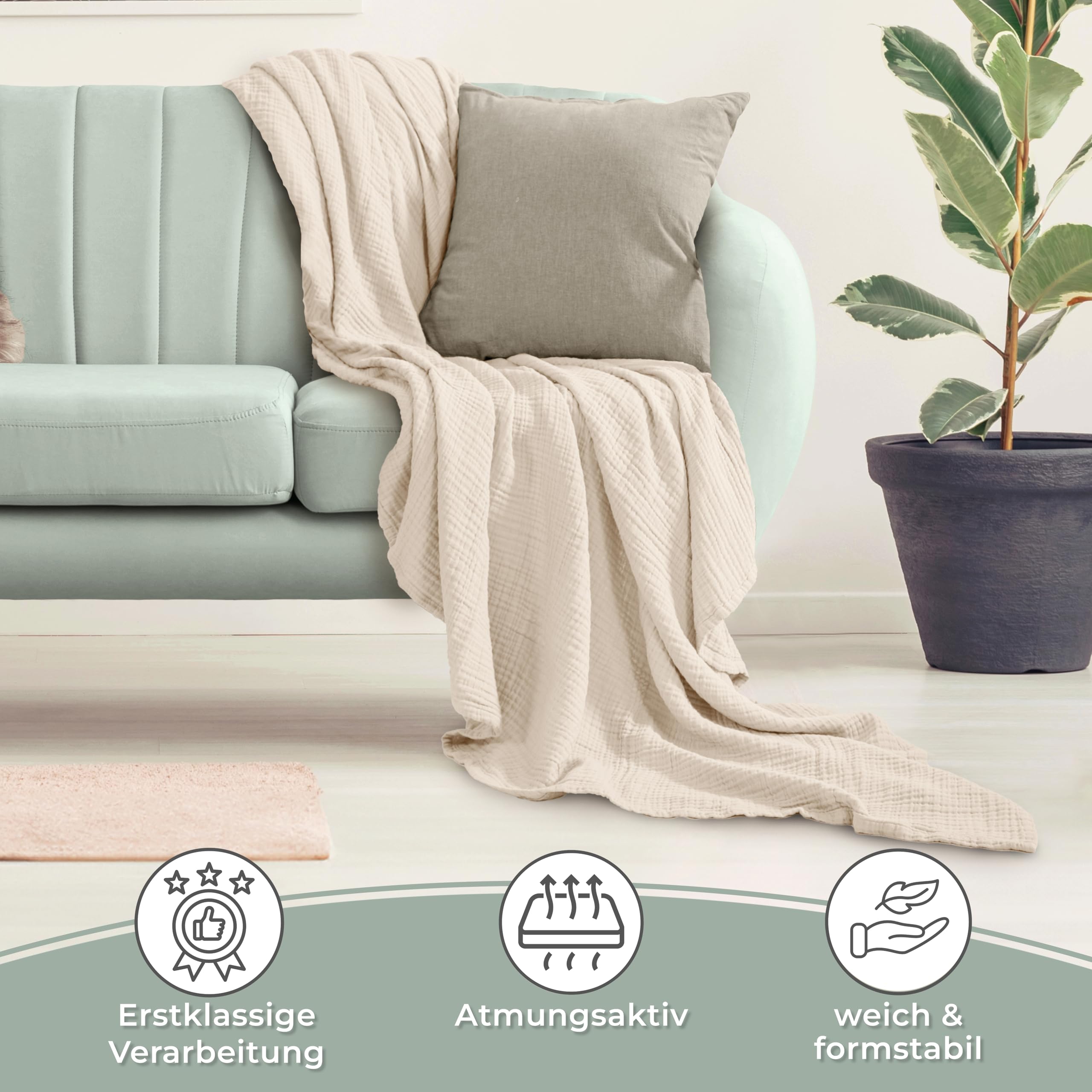 LAYNENBURG Narzuta muślinowa klasy premium, 220 x 240 cm, XXL, 100% bawełna, bardzo miękki koc bawełniany jako przytulny koc, narzuta na łóżko, narzuta na sofę, na kanapę, ciepły koc na sofę (kremowy)