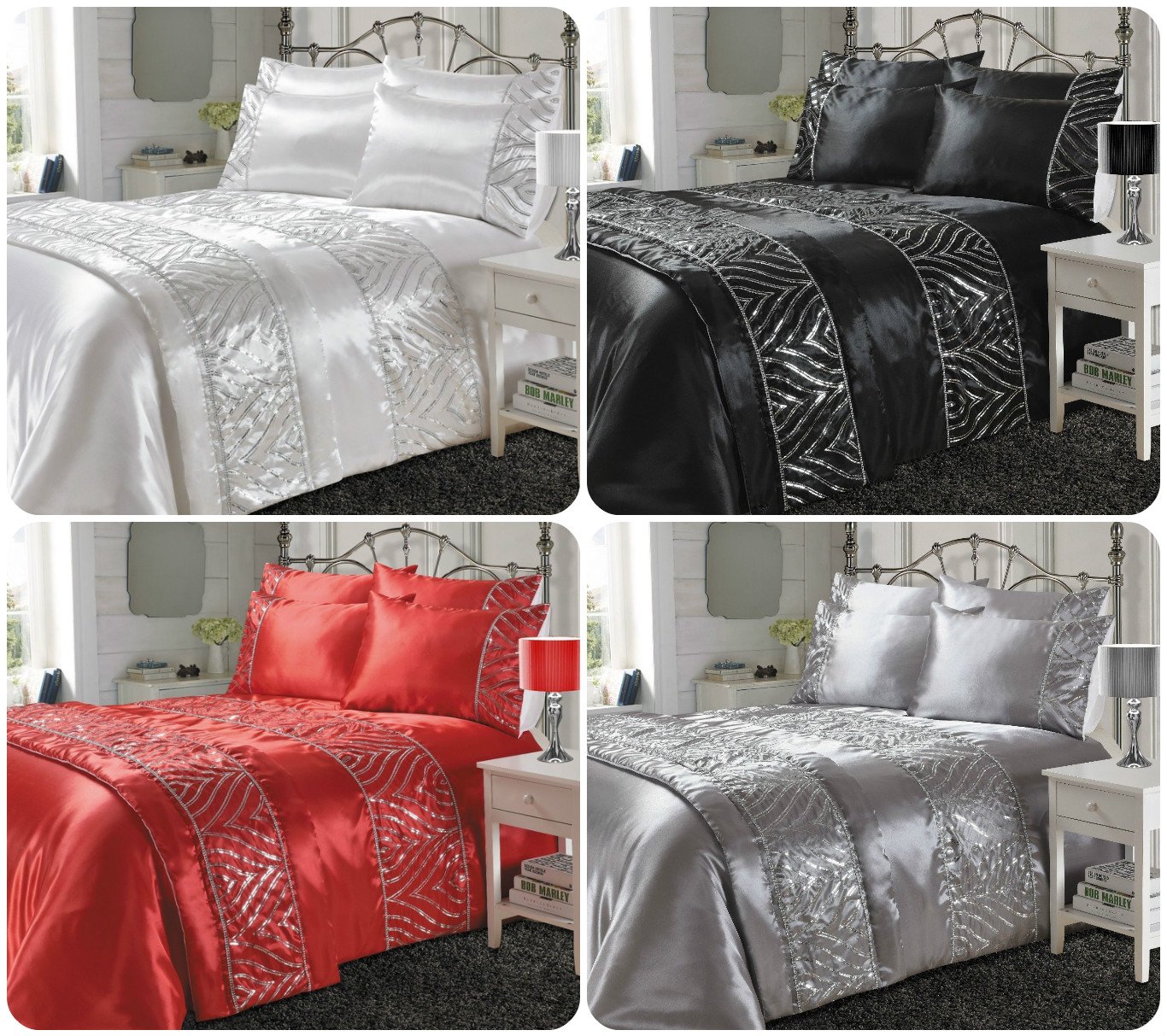 Voice7 Satin Silk Sequin Shimmer BED RUNNER ONLY ~ Crystal Bed Runner (RED)
