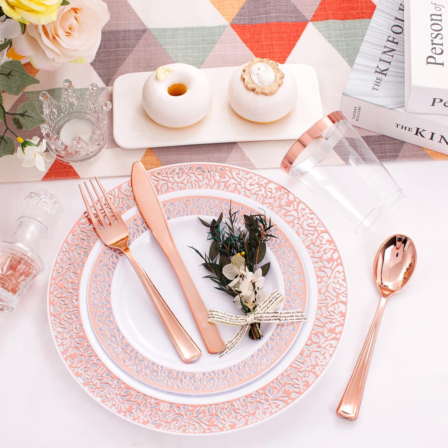 WELLIFE 175 Pieces Rose Gold Plastic Dinnerware,Rose Gold Dinnerware Set Include: 25 Dinner Plates 10.25", 25 Salad Plates 7.5", 25 Cups, 50 Forks, 25 Knives and 25 Spoons for Party - Image 8