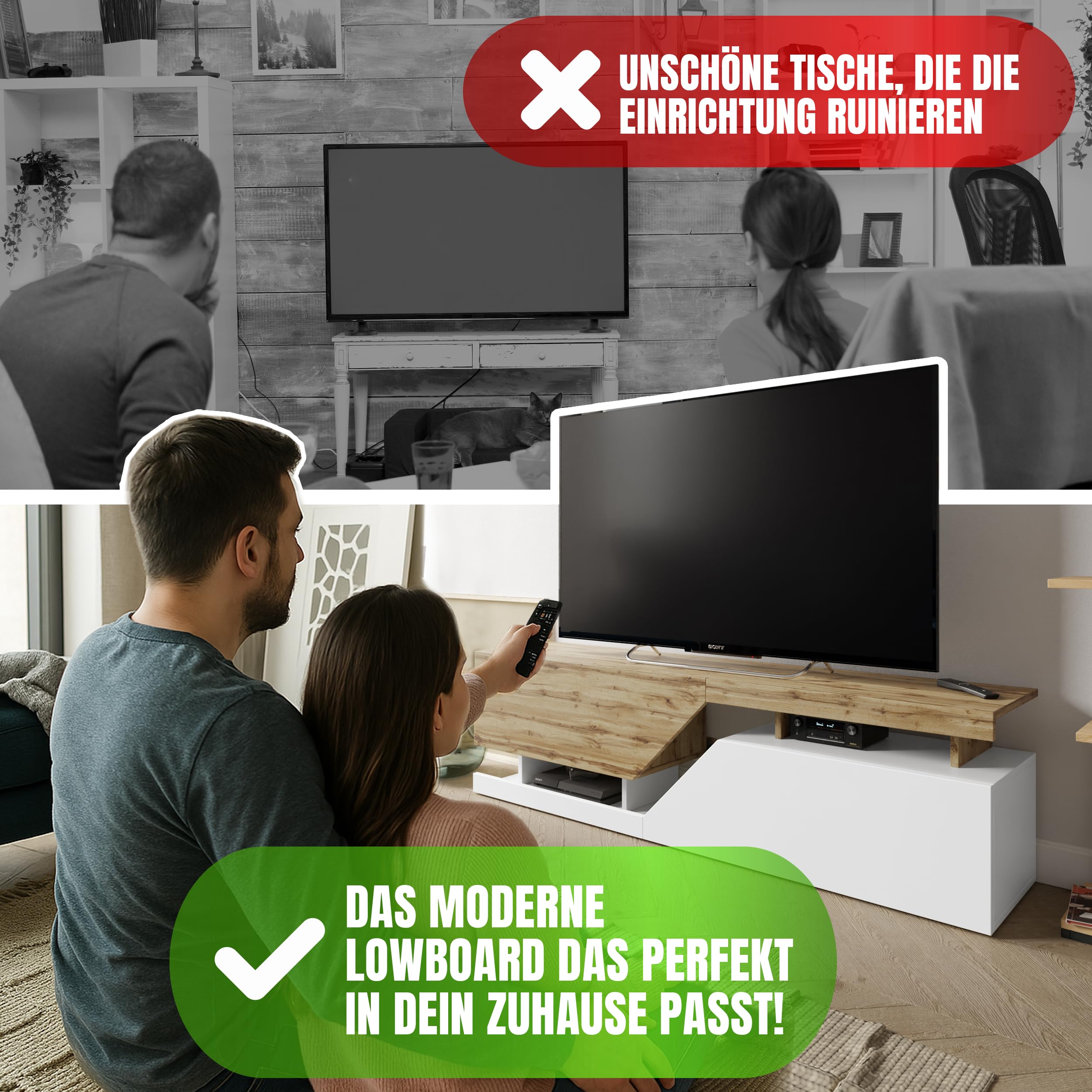 Mirjan24 TV-Lowboard Nesezi 160 mit 2 Klappen (Wotan/Weiß) | TV-Schrank mit geometrischem Design, breiter Ablagefläche, Push-to-open-System und Gasdruckfedern, B/H/T: 160/47/35 cm