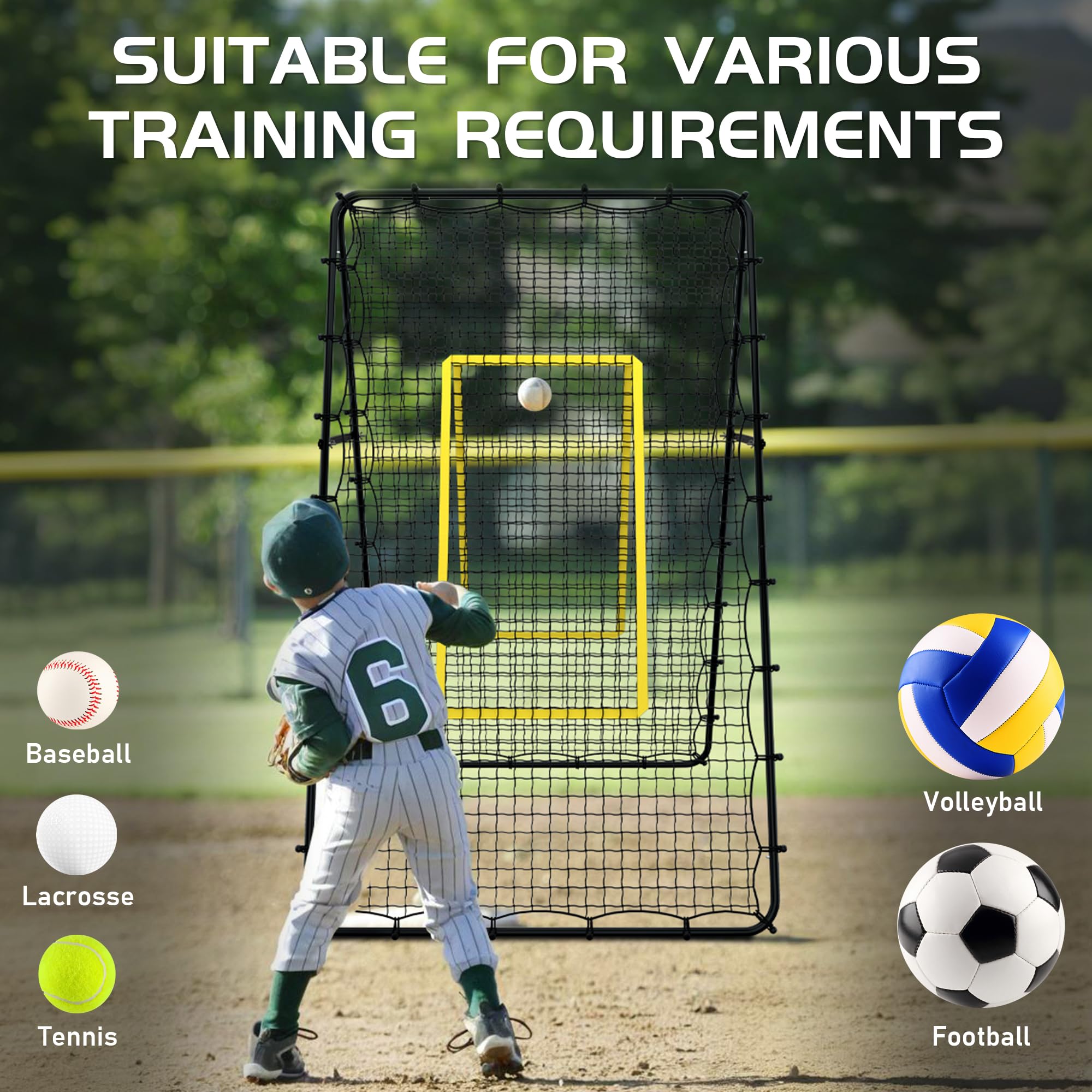 Jolitac Doppelseitiges Volleyball Rebounder Net, Trainingsgerät Rückprallwand Netz mit Schlag-Zone, Double Sided Rücksprungnetz for Volleyball Fußball Baseball Lacrosse Tennis 213x122cm
