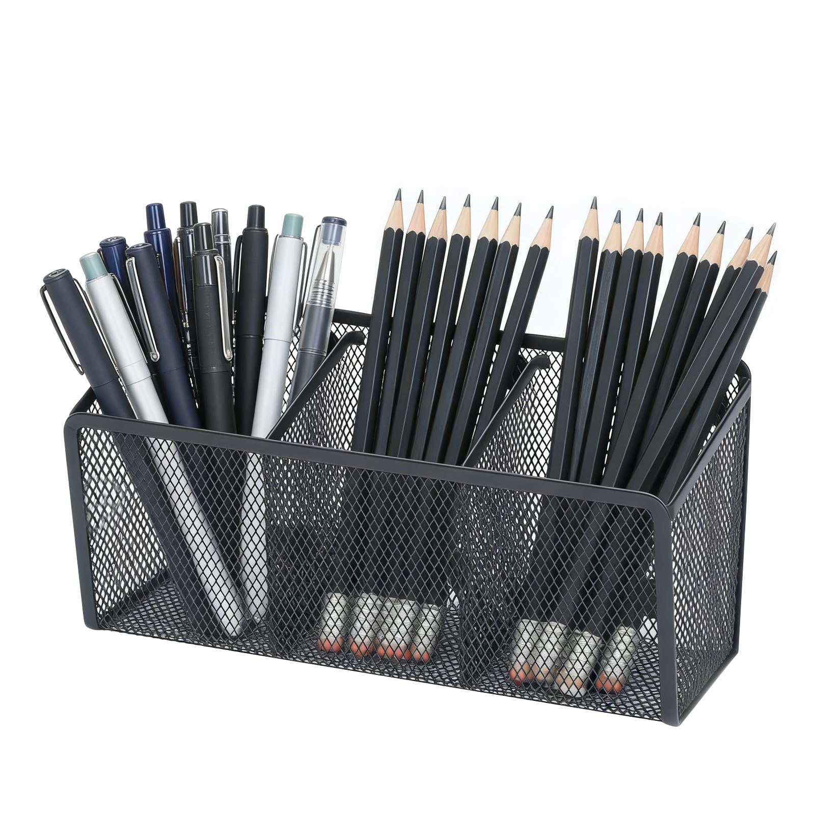 Punorric 3-Grid Magnetic Pen Holder Wire Mesh Whiteboard Pen Holder, 9 Built-In Magnets Storage No-Marks Basket for Whiteboard & Fridge, Locker Organiser for School, Office, Home & Kitchen, Black