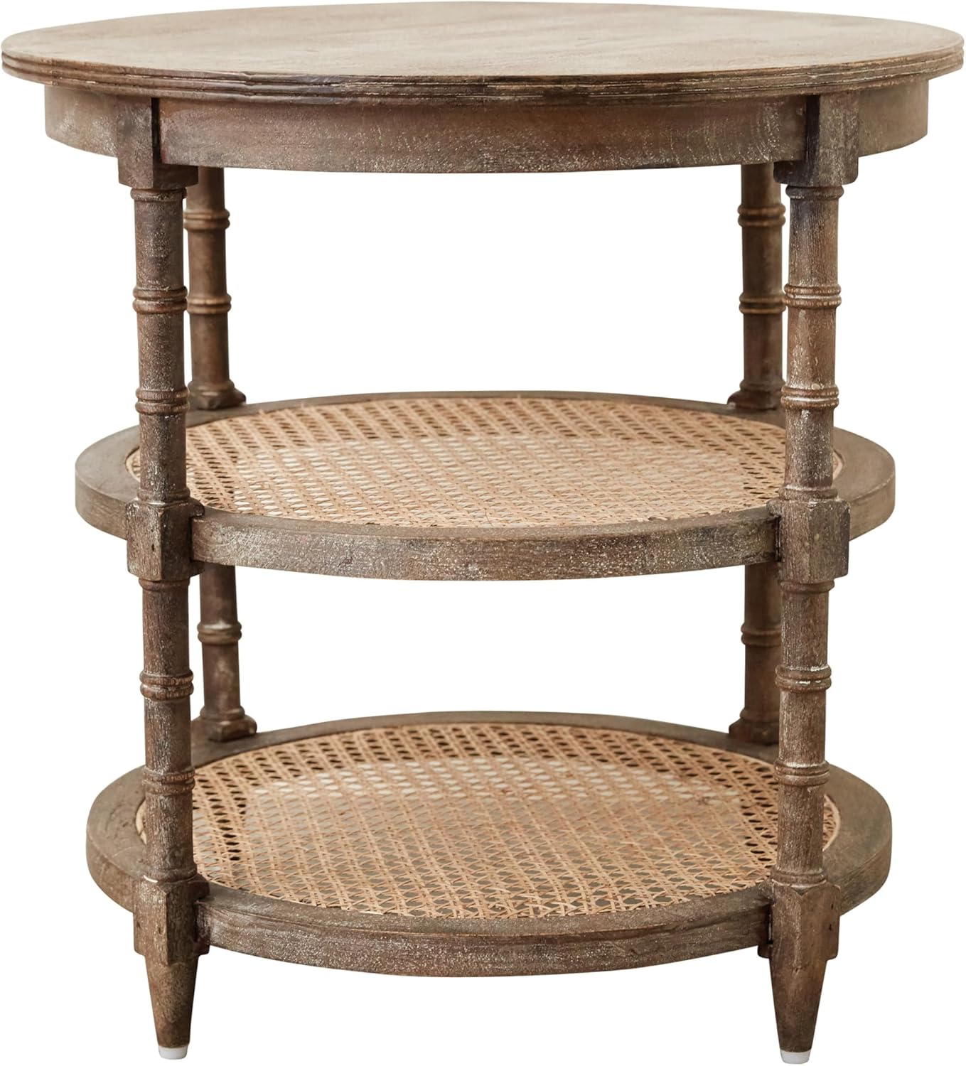 Creative Co-Op Round Mango Wood Table with 2 Cane Shelves