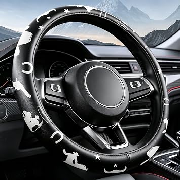 Western Cowboy Pattern PU Leather Steering Wheel Cover, Non-Slip Neoprene Lining, Universal Fit 14.5-15 Inch for Car, Truck, SUV