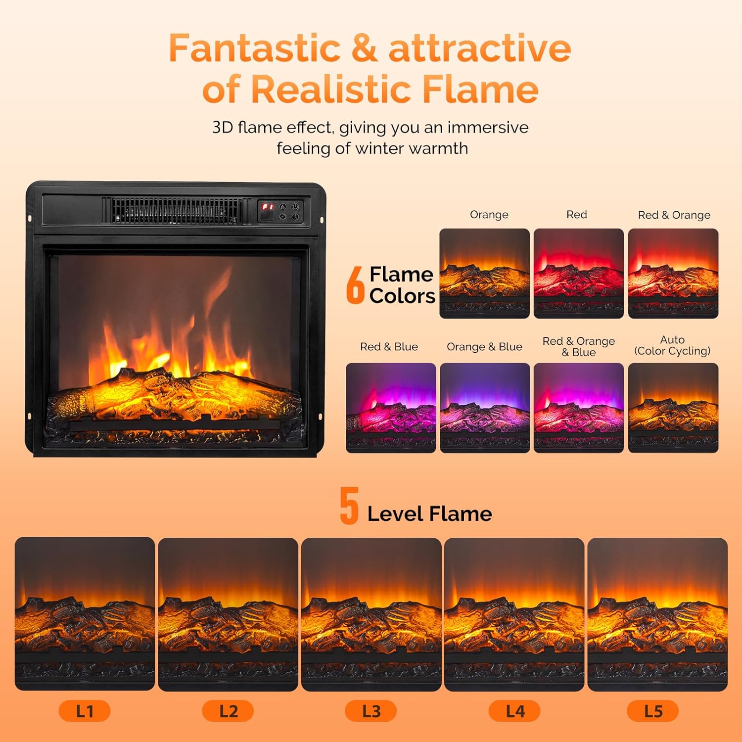 ROVSUN 43''W Smart Electric Fireplace Stove w/APP & Remote Control, Realistic Fake Fireplace Heater w/Timer, 6 Flame Color, 5 Flame Brightness & Wood Mantel for Indoor Bedroom Living Room-1400W