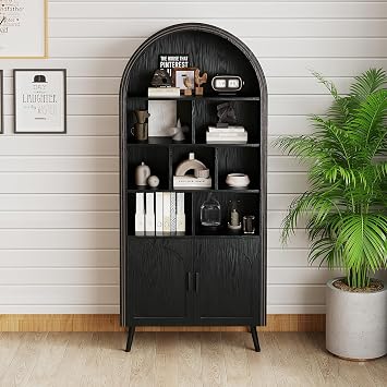 Arched Bookshelf,Wooden Tall Bookshelf with Storage Cabinets and Open Shelves,Anti-tip Stable,with Metal Handles and Metal Legs,Suitable for Living Room,Office Arched bookshelf-Black-02