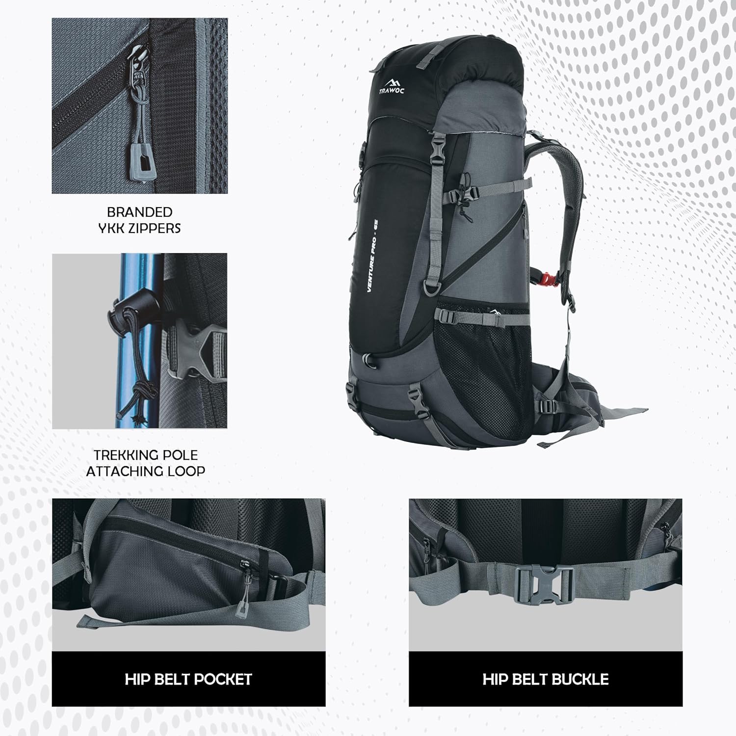 TRAWOC VENTURE PRO 65 Liter Internal Frame Camping Trekking Hiking Backpack Travel Bag for Men & Women Front & Top Loading Rucksack/Water Proof Rain Cover/Shoe Compartment, HK011 3 81AMh7db dL. AC SL1500