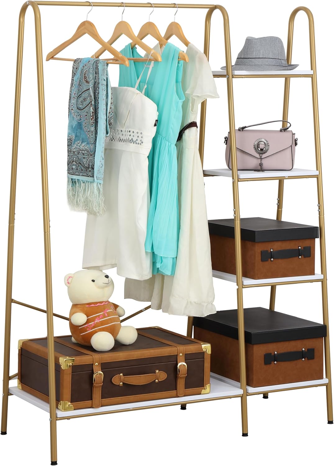 Finnhomy Clothes Rack, Clothing Rack for Hanging Clothes Heavy Duty Garment Rack with 5 Wood Shelves Freestanding Portable Closet Organizer for Bedroom/Entryway/Boutiques?Gold