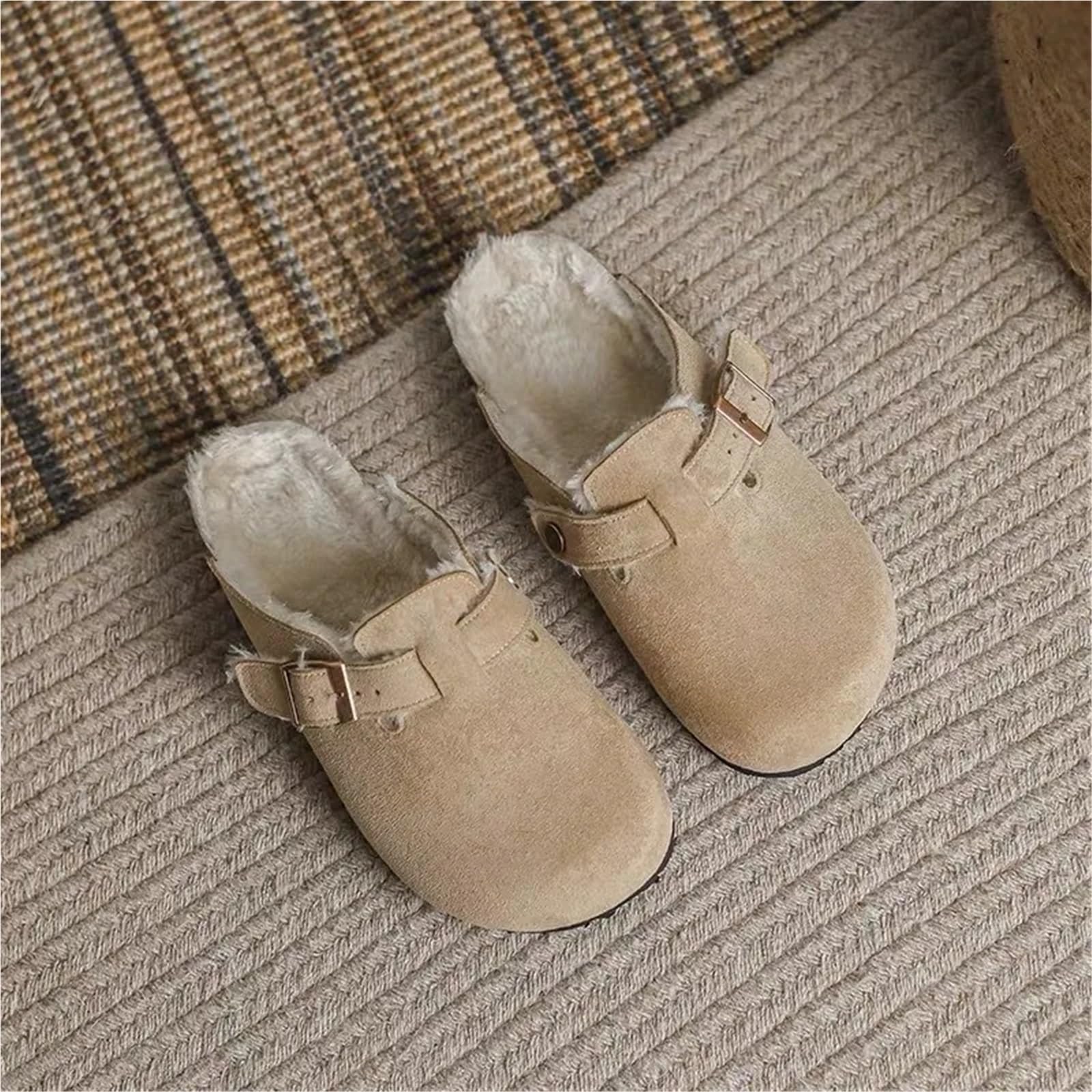 Zapatillas de mujer Zuecos piel Invierno Hogar Peludo Corto Felpa Planas Diapositivas Cálido Al aire libre Casual Hombres