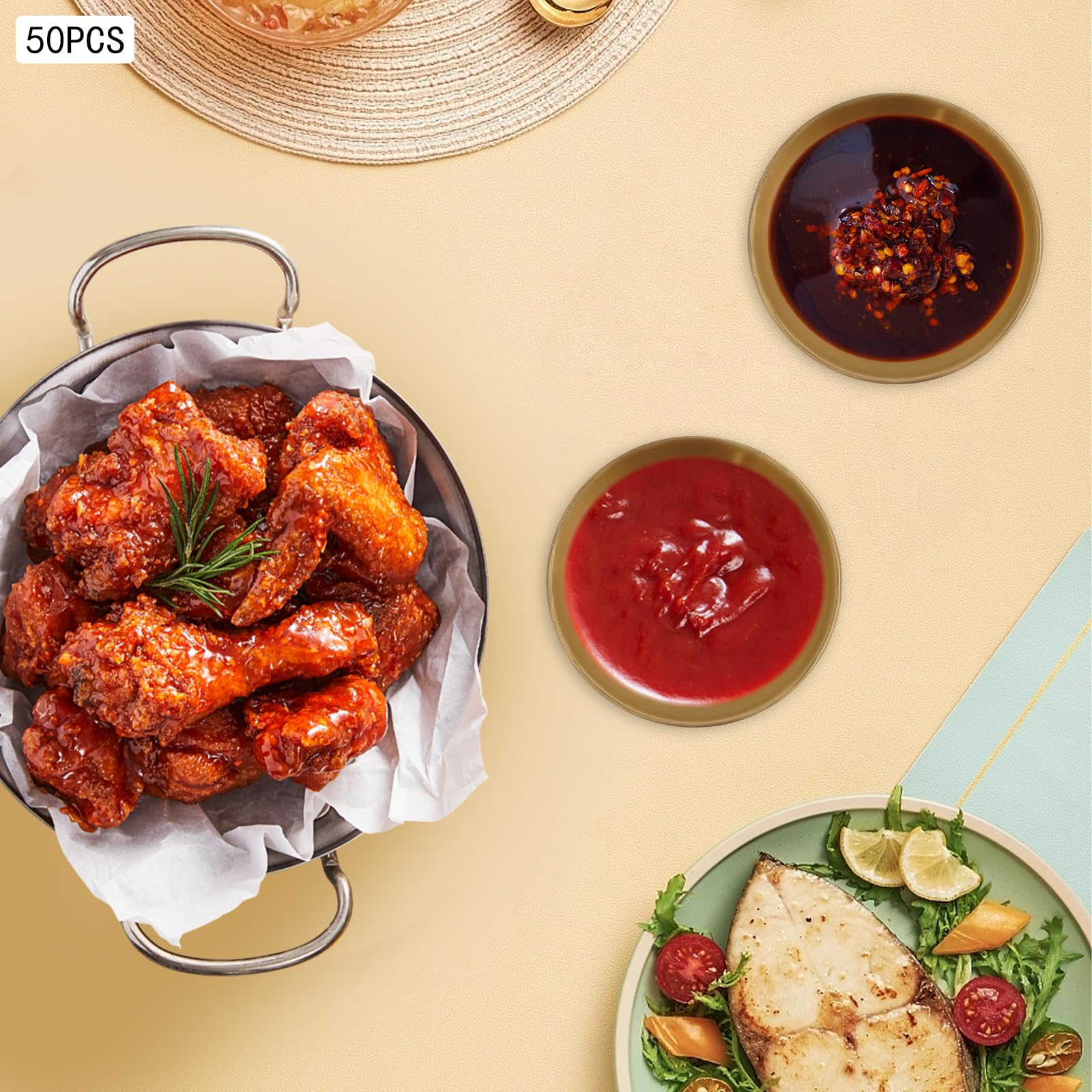 Confezione da 50 ciotole per spezie dorate in acciaio inox 304, 100 ml, mini ciotole singole rotonde per salse per preparare antipasti, salsa kimchi e spezie in polvere (oro)