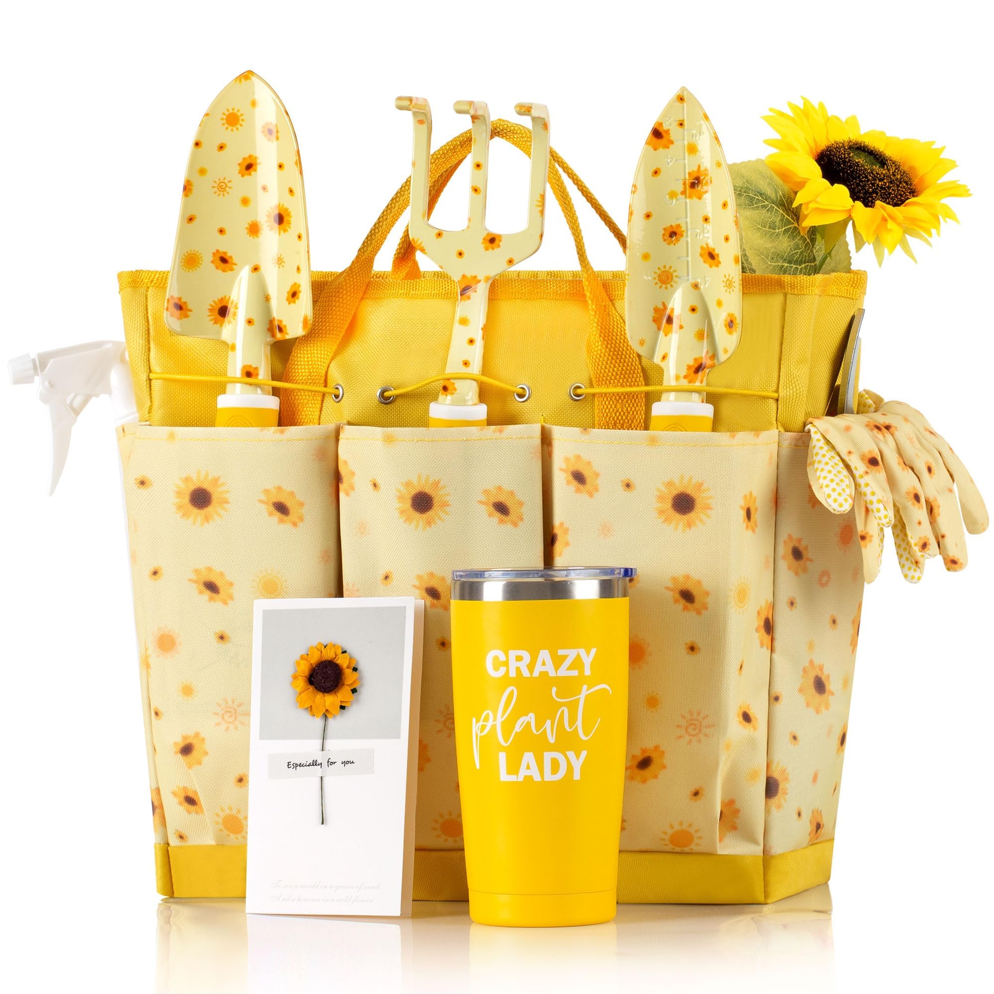 Gardening Gifts for Women – 9 Piece Garden Tool Set with Heavy Duty Hand Tools & Storage Bag, Sunflower Gardening Kit Includes Tote Gloves Kneeling Pad Pruner Trowel Rake Spray Bottle Tumbler