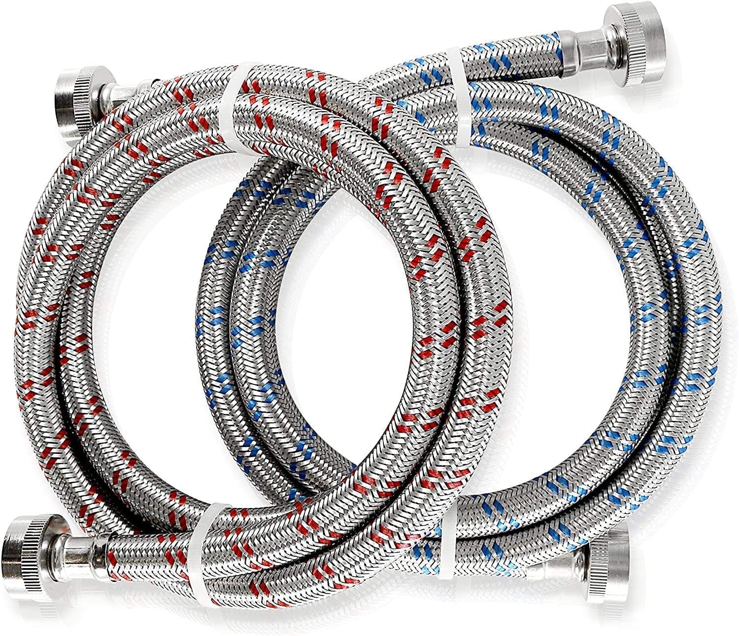 Stainless Steel Water Pipe, 1.2m Burst Proof Red and Blue Water Connection Inlet Supply Lines, Hot and Cold Water Supply Hoses for Washer (2 Pack)