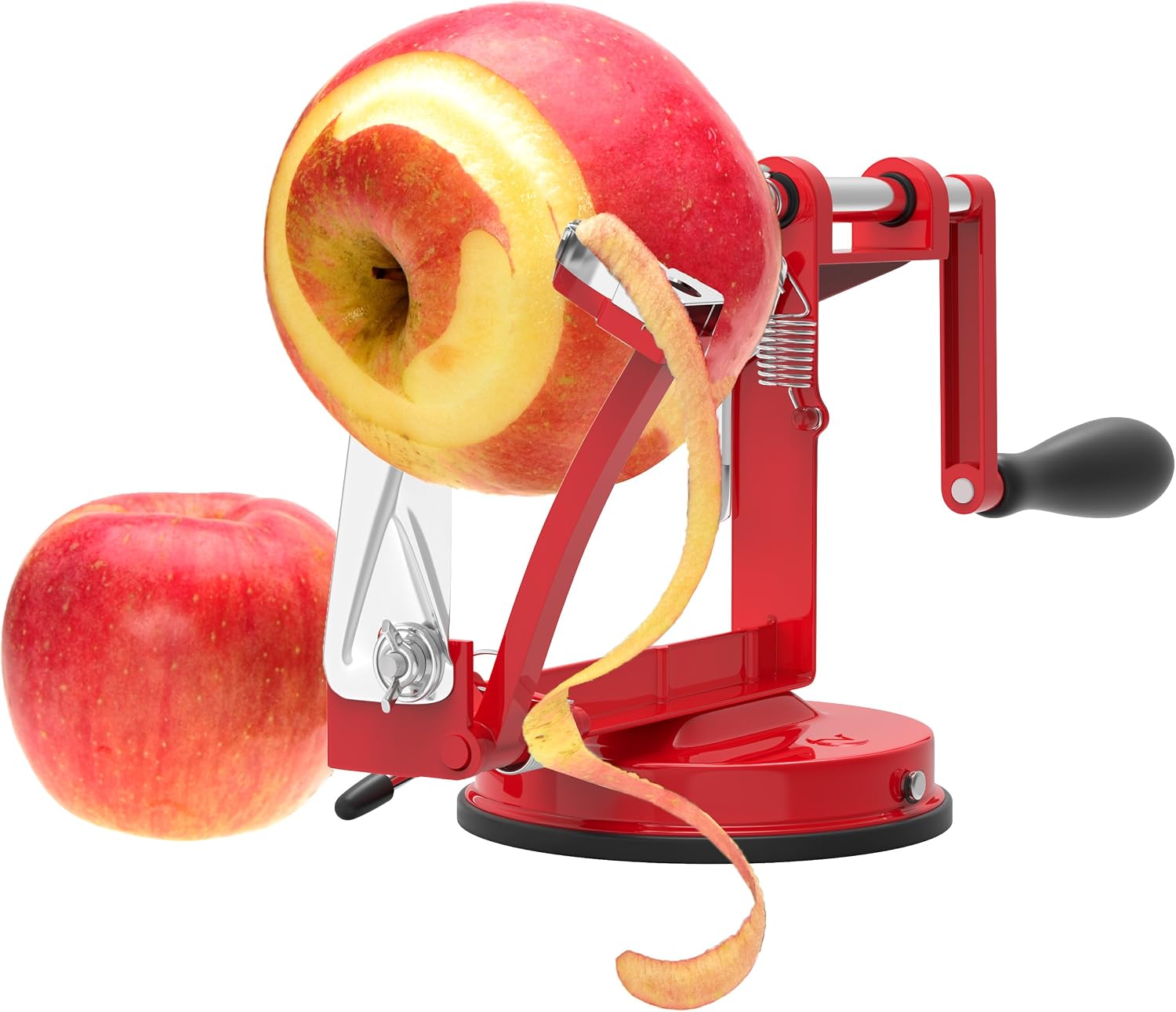 Vremi Apple Peeler Corer Slicer Machine with Vacuum Suction Base - Cast Iron Rotating Spiralizer Apple Peeler for Countertop with Stainless Steel Blades for Apples Fruit Vegetable or Potato - Red