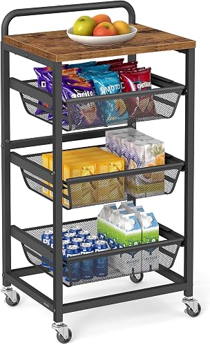 VASAGLE 4-Tier Storage Trolley with Pull-Out Baskets, Kitchen Shelf with Wheels, Handle, 31.7 x 40 x 76 cm, Rustic Brown and Ink Black LRC040K01 - 1