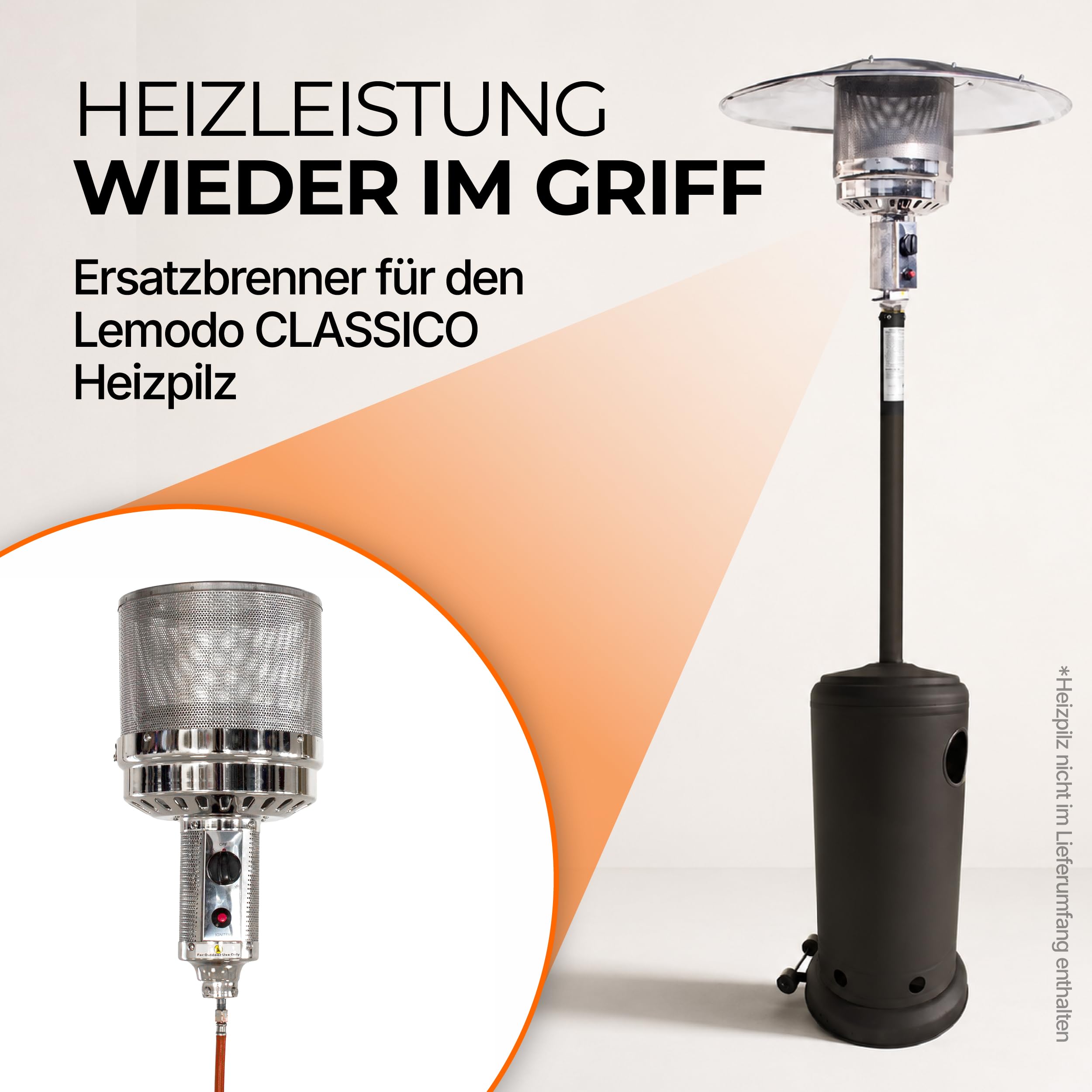 Lemodo Brenner für Heizpilz, Brennerkopf 14 kW, Piezo-Zünder, Edelstahl