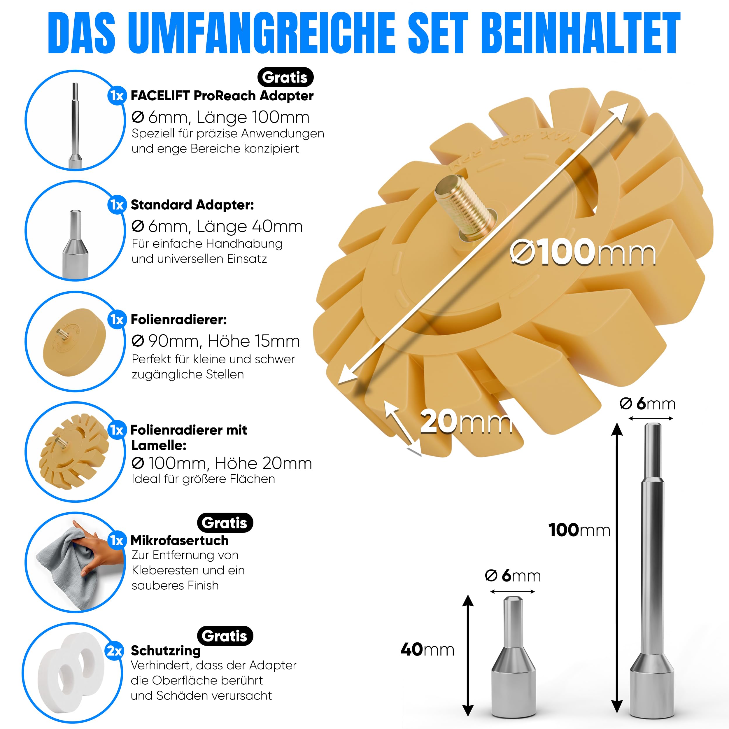 FACELIFT Folienradierer Set - ⌀ 90 mm Aufkleber Entferner + ⌀ 100 mm Lamellenradierer – Extra ProReach Adapter + Schutzring + Mikrofasertuch - Ideal um Klebereste zu entfernen