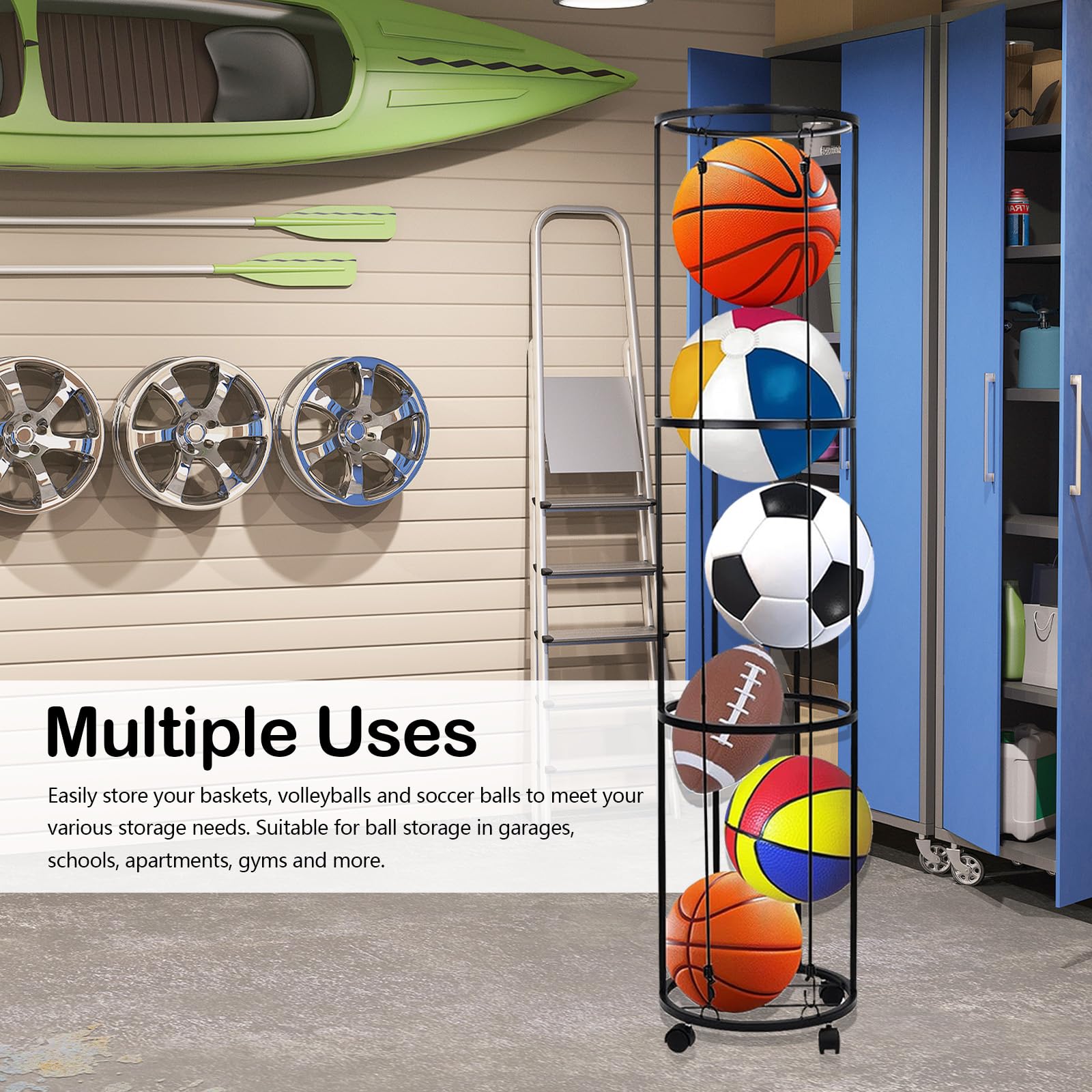 Aisny Portapalle da Calcio, 3 Livelli Supporto da Parete con Rotelle Supporto da Parete per Palloni da Calcio Nero Organizer Rimovibile per Palloni da Basket per Garage E Casa 144x30x30 Cm