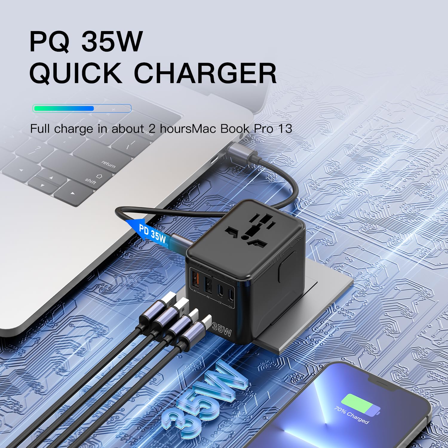 Uniwersalny adapter podróżny (35 W PD szybkie ładowanie) – posiada 3 porty USB-A i 2 porty USB-C, kompatybilność na całym świecie (USA/UK/AU/Azja), ładowarkę typu "wszystko w jednym" i