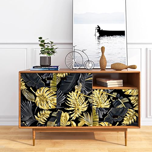 Miniatura 5 de FunStick Papel tapiz de hojas de palmera tropicales de 17.5 x 354 pulgadas, papel tapiz autoadhesivo con hojas negras y doradas, papel de contacto