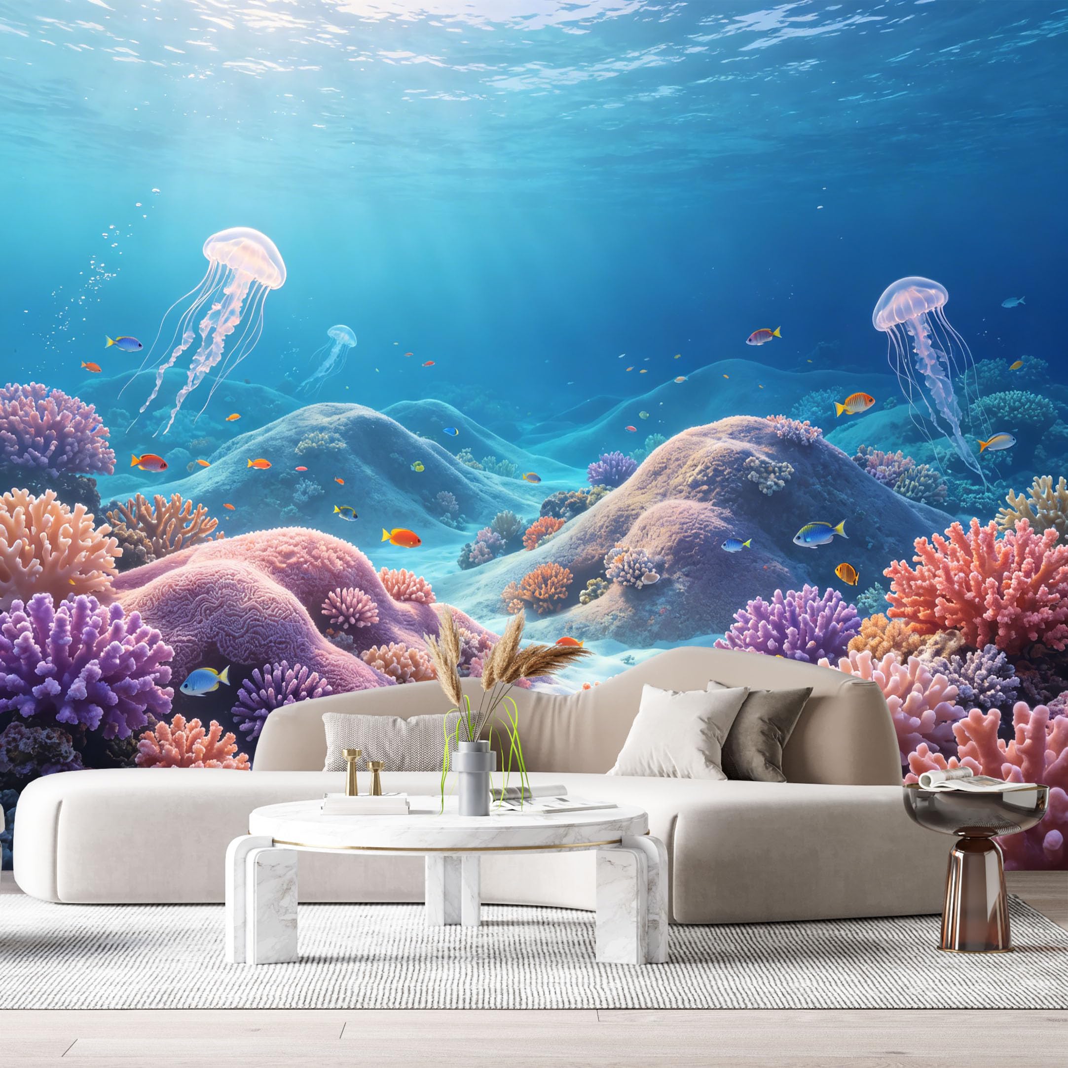 Custom Size Wall Murals Ocean Marine Coral Reef Jellyfish Watercolor Underwater Scene SelfAdhesive Wall Fabric Removable Large Wallpaper for Photo Living Room