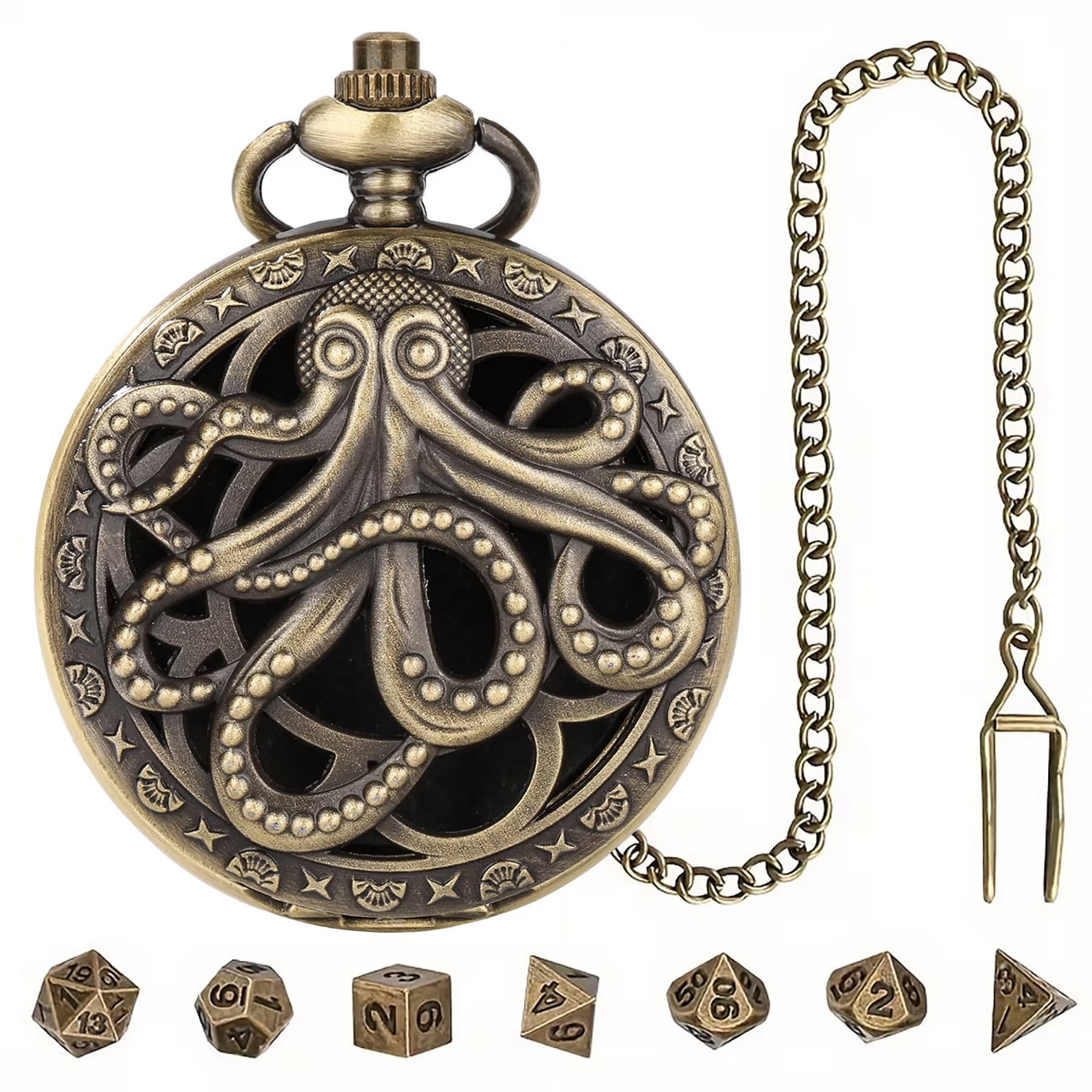 Mini DND Dice Set including Steampunk Bronze Octopus Pocket Watch Shell Case, 7pcs Polyhedral Metal Dice Set including Chain - Image 2