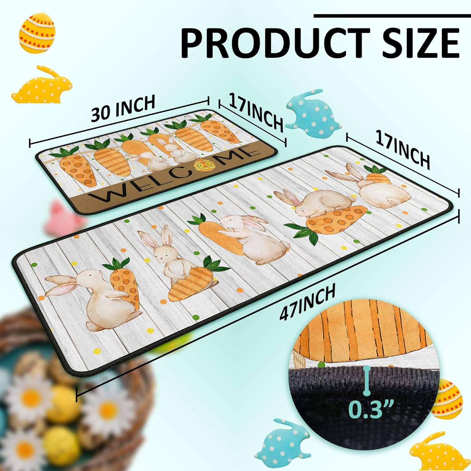 Carrot Rabbit Bunny Easter Kitchen Rugs and Mats Set of 2, Easter Decor Non Slip Backing Happy Easter Kitchen Rug Easter Decorations for Home Seasonal Low-Profile Kitchen Floor Mat 17"X47"+17"X30"