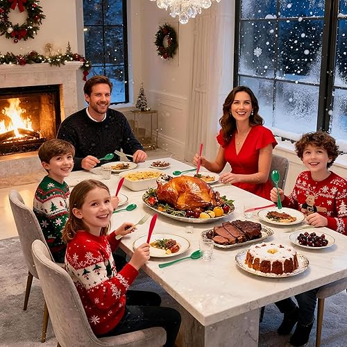 Vista 61 de Liacere 30 cubiertos de plástico dorado con servilletas preenrolladas, cubiertos de plástico dorado de alta calidad con mango rojo, incluye 10