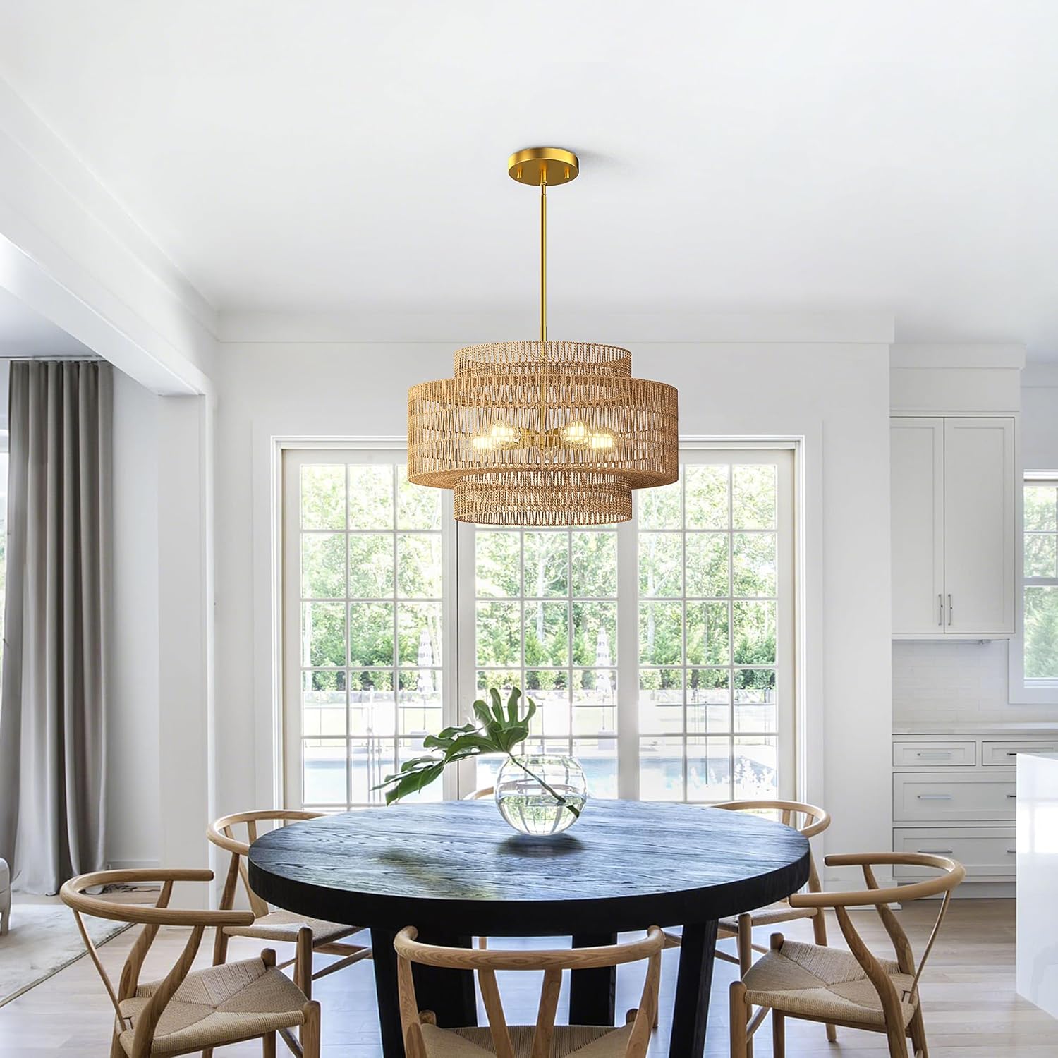 Rattan Chandelier, 17.7" 4-Light Boho Woven Pendant Light Fixture with Bulbs Included, Farmhouse Ceiling Hanging Lamp Adjustable Rod for Kitchen Island, Dining Room, Entryway, Living Room