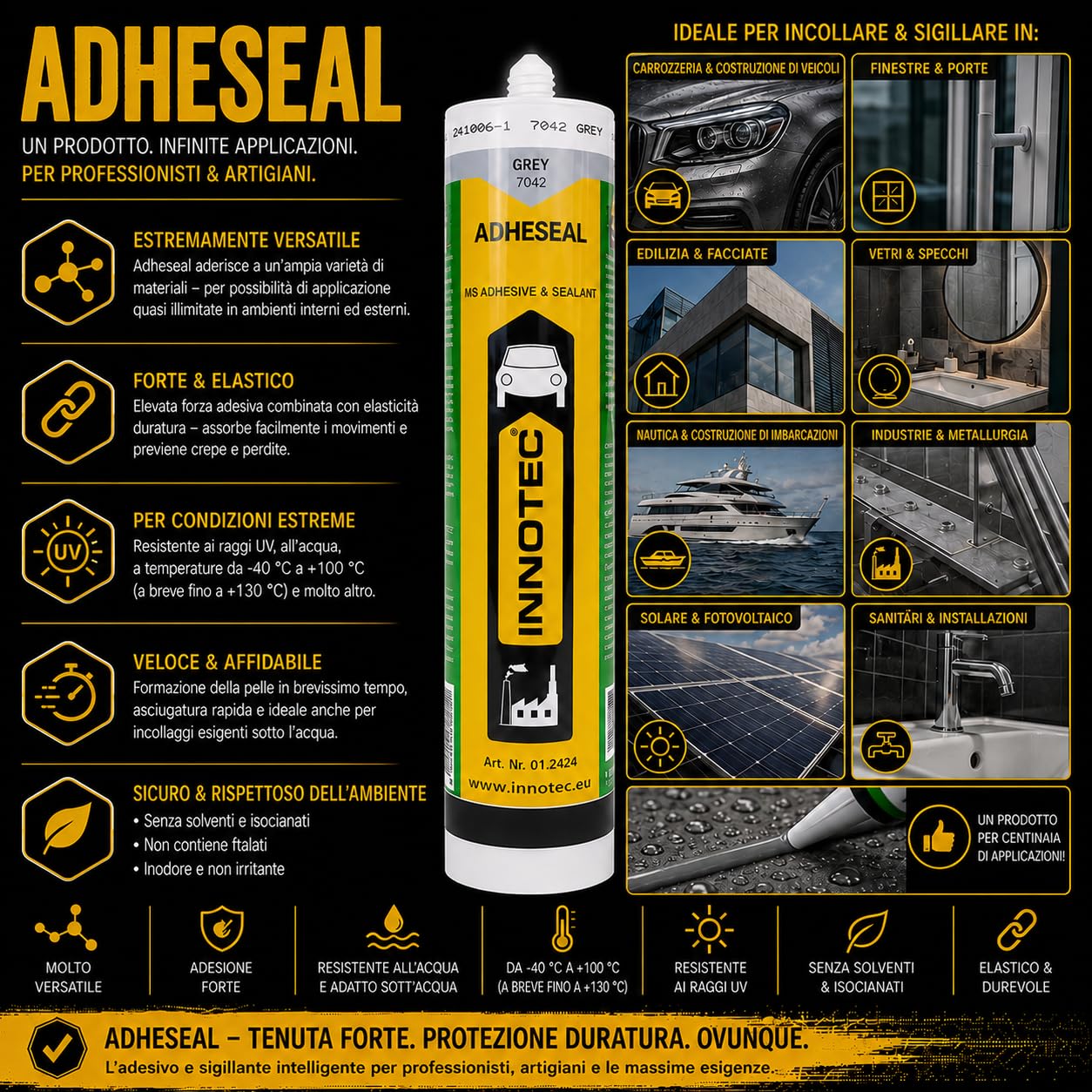 2 pezzi Innotec Adheseal Grigio adesivo e sigillante a base di polimeri MS – Aderente anche a materiali delicati – Verniciabile bagnato – 290 ml Adheseal sigillante elastico permanente
