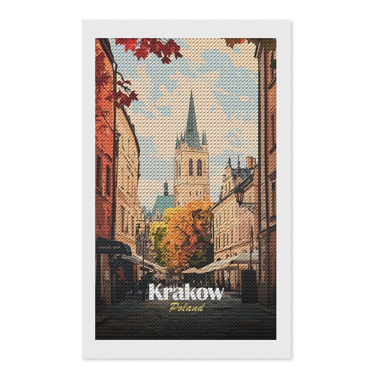 Junmoney Krakow, Poland Cityscape Art DIY Diamond Art Canvas Kit 12"x20", Decorate Your Room, Sparkling Round Gems, Fun Craft Experience, Farmhouse Decor