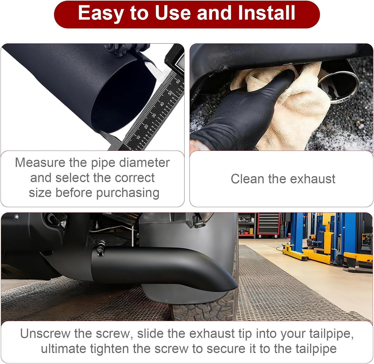 Turn Down Exhaust Tip 4" Inlet, Universal Bolt On Diesel Muffler Tip Stainless Steel Surface Polishing, 12" Overall Length, Black