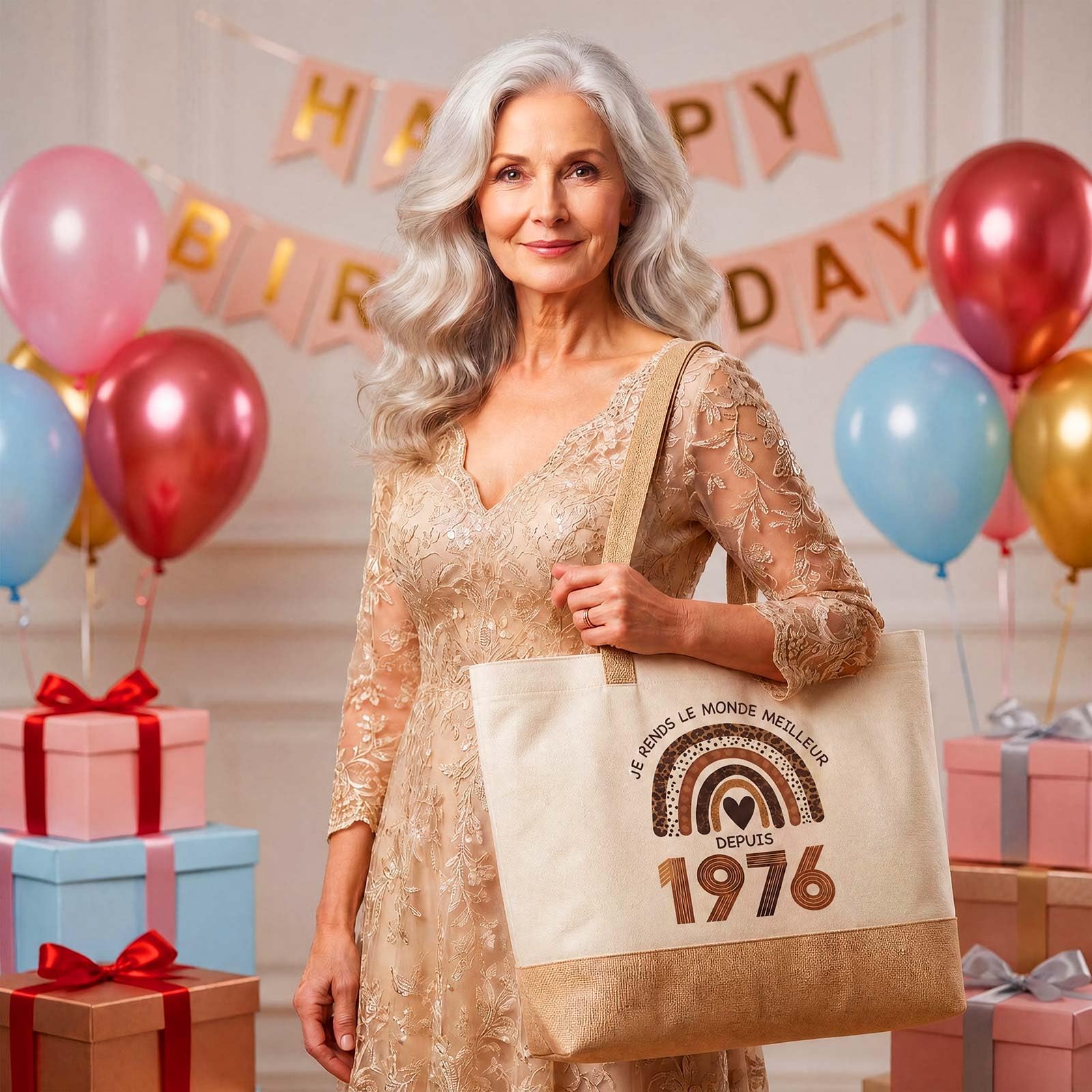 Jadive Coffret Cadeau Anniversaire Femme 50 Ans avec Trousse à Maquillage, Sac Cabas, Chaussettes et Porte-Clés 1976 – Idée Cadeau Originale pour Femme Née en 1976