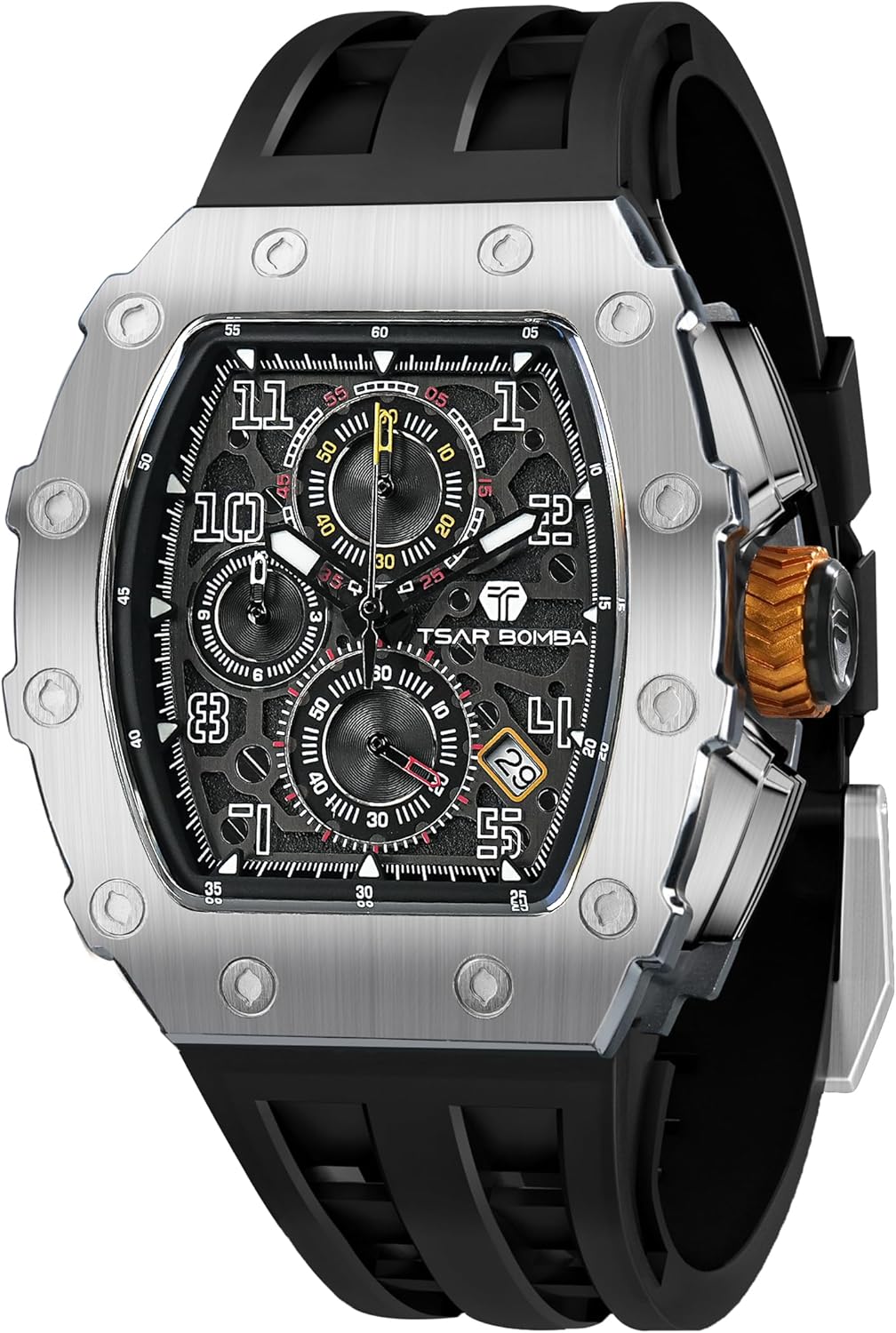 TSAR BOMBA Watches Men Luxury Square Mens Watch Chronograph 50M Waterproof Sapphire Glass Japan Quartz Movement TMI VK67 Silicone Strap Classic Tonneau Design Luminous Calendar Wrist Watches