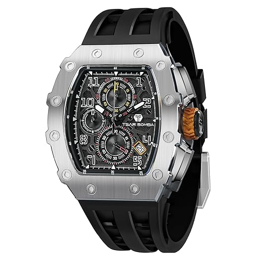 Relógios TSAR BOMBA para Homens - Relógio Quadrado de Luxo Tonneau - Vidro de Safira de Quartzo Japão - Cronógrafo - Impermeável 50M - Calendário Luminoso