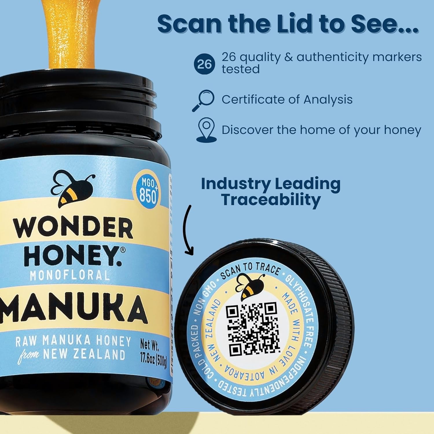 Wonder Honey Raw Manuka Honey New Zealand MGO300 (10+) Tested for 26 Markers, Traceable, Natural Soothing for Sore Throat, Cough - Aids Digestion - Triple Sealed for safety in a Protective Box (1.1lb)