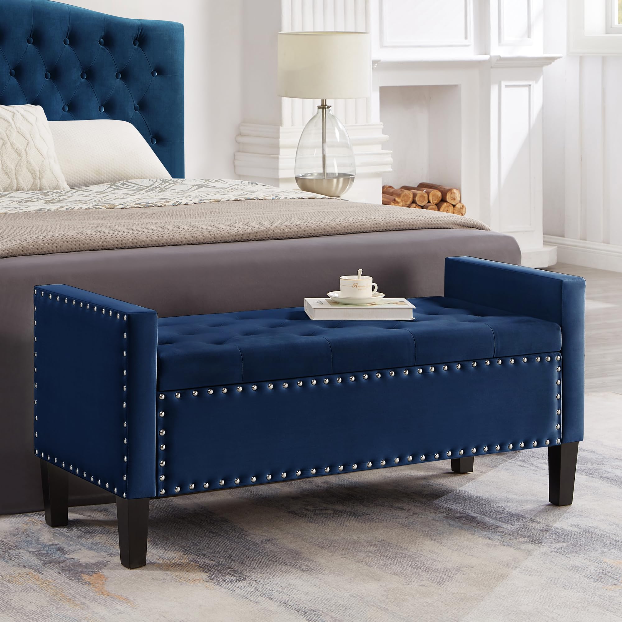 HommooStorage Bench Velvet Fabric Upholstered Storage Ottoman Bench for Living Room Bedroom Entryway 48" Tufted Button Bench for End of Bed with Nailhead Bench with Arms Navy Blue